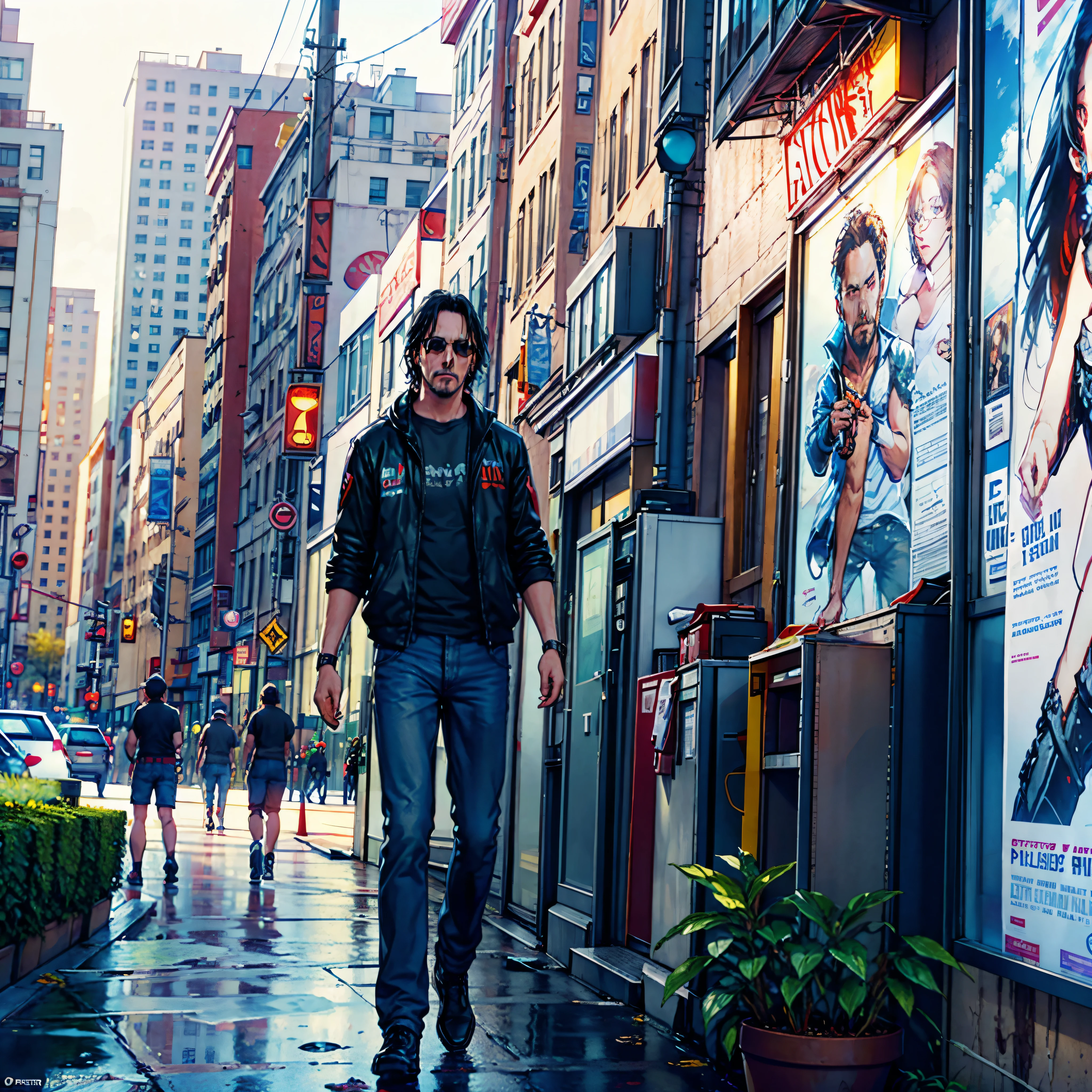 Keanu Reeves, (Poster: 1.6), Complex Detail, fine details, hyper-detailing, ray traced, Subsurface dispersion, Diffused soft lighting, Shallow depth of field, by Oliver Wetter, an intricate, higly detailed, sharp-focus, tension, Photorealistic painting (by Greg Rutkowsky:1.4), bokeh, The left arm of the robot is made of silver, T-shirt bulletproof vest on a naked body, purple jeans, Black Boots, cyberpunk 2077, Red Aviator Glasses, Silver prosthetic arm, in full height, Sateen, hairstyle, shoulder-length hair, Tatoo, Johnny Silverhand, Holds an electric guitar, Open Stage, city  of the future, A lot of spectators, Black skyscrapers, 3drender, 3d model. Swirling shadows deep path Equirectangular UnrealEngine5 Ultra Masterpiece Cinematic_sunlight ultra Pro_Photo-realistic optimal ultra_high-quality opengl-shaders ultra_high-details accurate reflex ultra_high-resolution perfection volumetric lightning improved Octane_rendues ultra_high-definition UHD XT3 DSLR HDR 3dcg analogiques extatiques symmetrical dazzling Will-o'-the-wisp global luminescence plasma hearth incandescente reflection varied multi etc. --v 6 --s 1000 --c 20 --q 20 --chaos 100