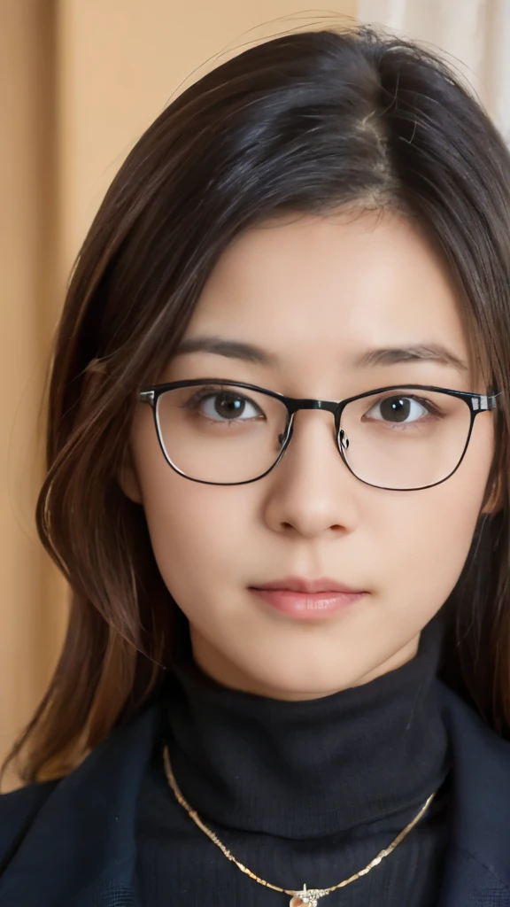 Portrait of a woman, mid-thirties, Japanese nationality, illuminated face, upper body composition, realistic high-definition image. Features: shoulder-length brown hair, intellectual appearance with glasses, simple contour, defined eyebrows, deep-set eyes, a straight nose, a soft mouth. Clothing: a turtleneck sweater in muted colors, a classic blazer, a pendant necklace. Age: 38, Gender: Female. Ensure the portrayal includes subtle imperfections for a realistic appearance.