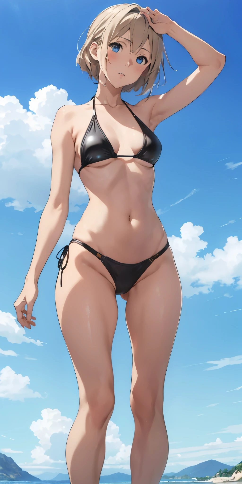 detailed and intricate,masterpiece, top quality, high resolution,Violet evergarden,nsfw,nude,Sleeveless、((black leather bikini)),no ,blue eyes, blonde,nsfw,nude  ,slim body,Slender body, small breasts,Slender、Slender legs,nsfw,  nude ,(cowboy shot:1.1),thigh gap、kneeling,blush,, ((top-quality))、((​masterpiece))、(highly detailed、highestdetailed、Official Art、Beautifully Aesthetic:1.2),(beautiful blue sky:1.5),(a panoramic view:1.5),nsfw、nude、,((from below))、from side,