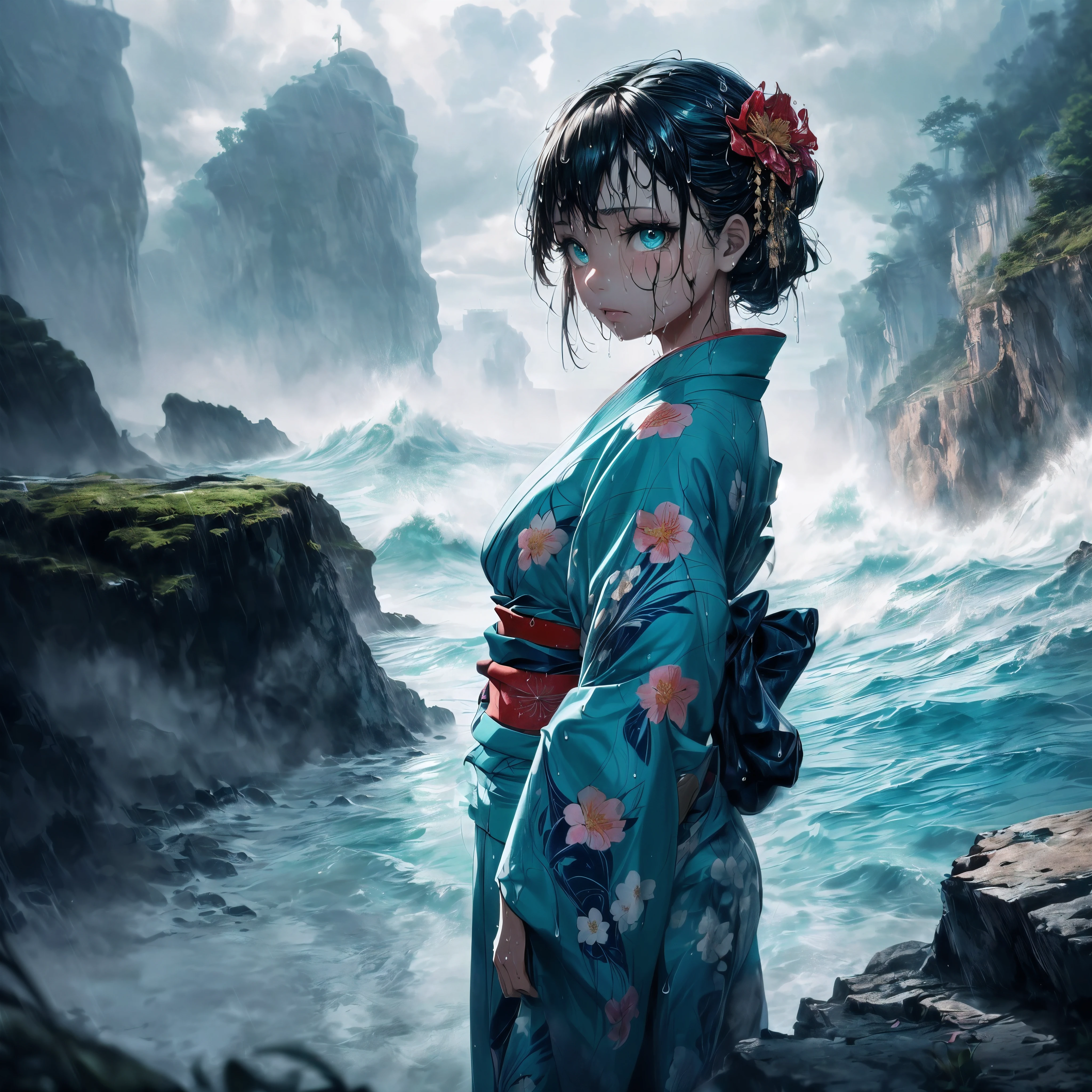 (A 7 year old girl:1.2), (Very young little girl), (alone), ((small breasts)), bitter smile, original photo, Atmospheric distance perception, aesthetic, complex, won, cybernetic enhancement, chiaroscuro, best quality, Detailed background, (hazy atmosphere:1.2), (cloudy day),((Girl in teal 棉质kimono:1.2)), 棉质kimono, 棉质kimono, The best wrinkles, real wrinkles, best shade, strong wind, (walk through (薄雾黑暗岩石cliff)), ((It's raining, downpour, raindrop)), (real location), Exquisite and beautiful eyes, casual gesture, Detailed texture, pose, (anatomically correct body, Detailed face, (非常Detailed texturekimono与花卉图案), (wet, wet face, Mucus wrap, ((very wet) 纹理kimono), (wet hair), (black hair), thick hair, hair accessories, kimono, Heart, outdoor, pagoda, petal, 色彩缤纷的kimono, sash, ((cliff), the sea below cliff, (rough sea, spray), Beautiful and detailed sea water)，Sky, wide sleeves, yukata, ((cloudy, rainstorm))