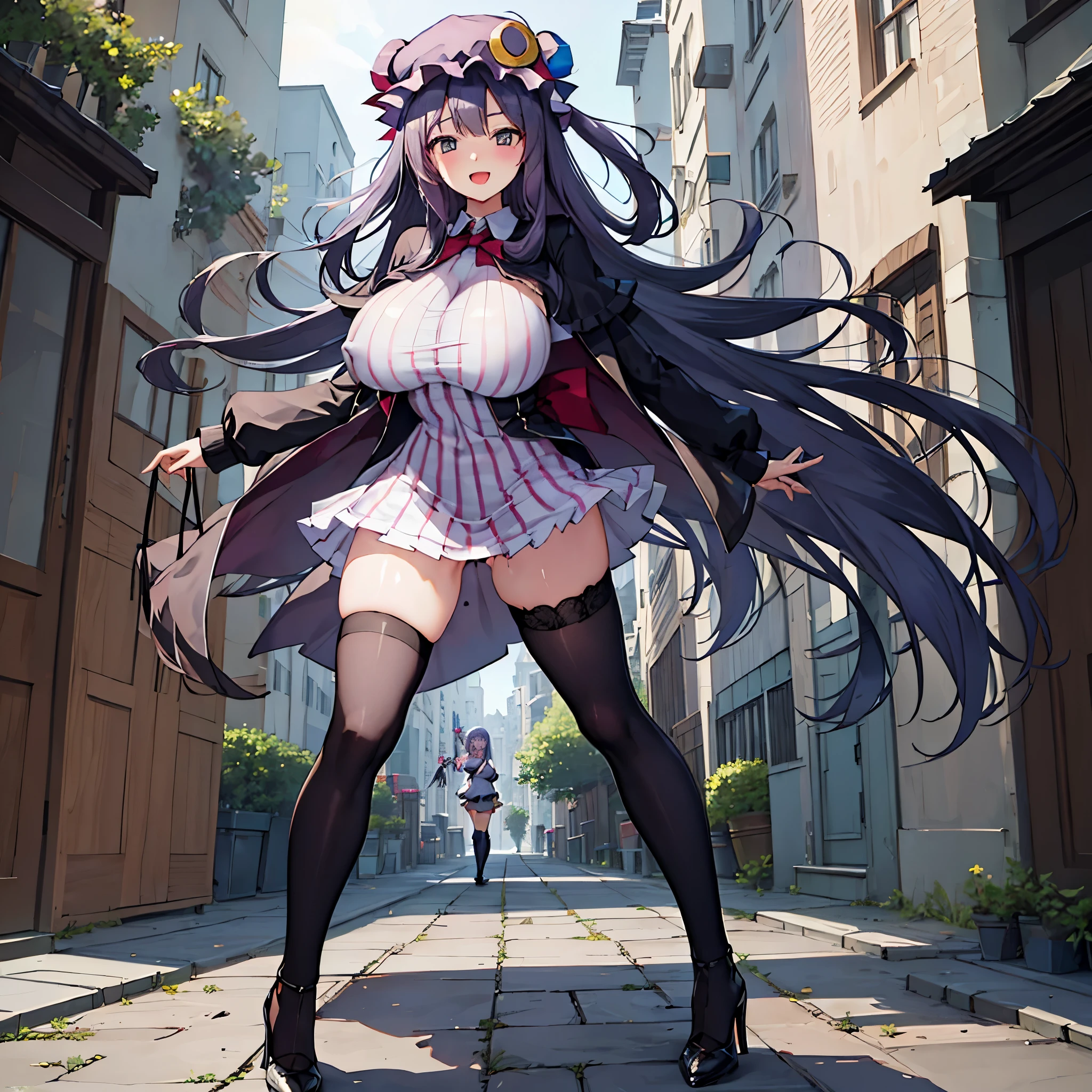 (Patchouli toho character), (standing at lakeside forest), outside, (standing with open legs wide:1.6), (arms behind back), (bending back), tiptoe, pigeon toed, BREAK, (disproportionately gigantic huge breasts:1.2), inconceivably thin waist, very short torso, (thin long legs apart:1.23, BREAK, very short miniskirt, thigh gap, (black thighhighs:1.2), highheels, BREAK, smile for viewer, open mouth, nose blush, full body, (pussy juice)