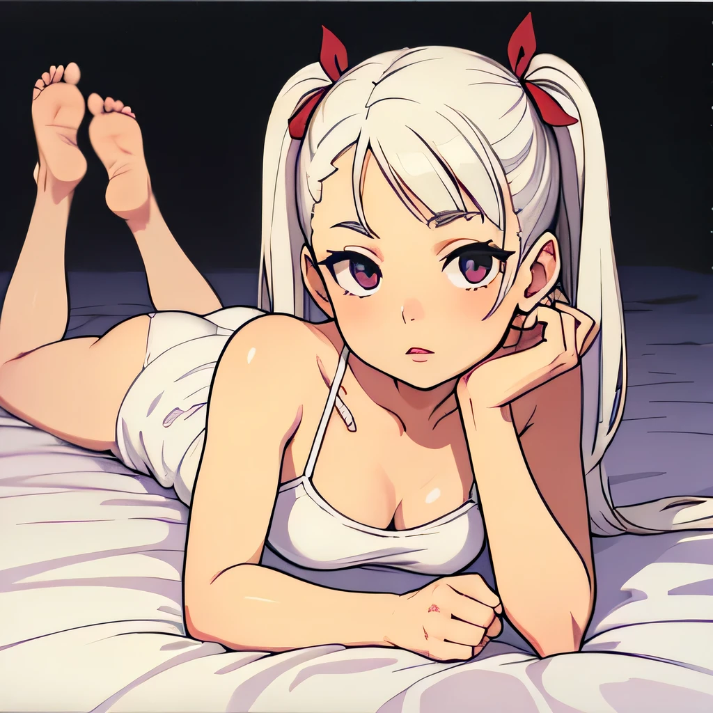 1 chica, 8k, Tony Taka, cara cerca del espectador, cara frente al espectador, low angle, mintiendo on her stomach, hombros descubiertos, dedos detallados, escote, pies arriba, mintiendo, piernas desnudas, 5 dedos de los pies, toenails, pie perfecto, single, pies perfectos, small breasts, pale white skin, coletas cortas, pelo blanco, solid red lips, minimalismo