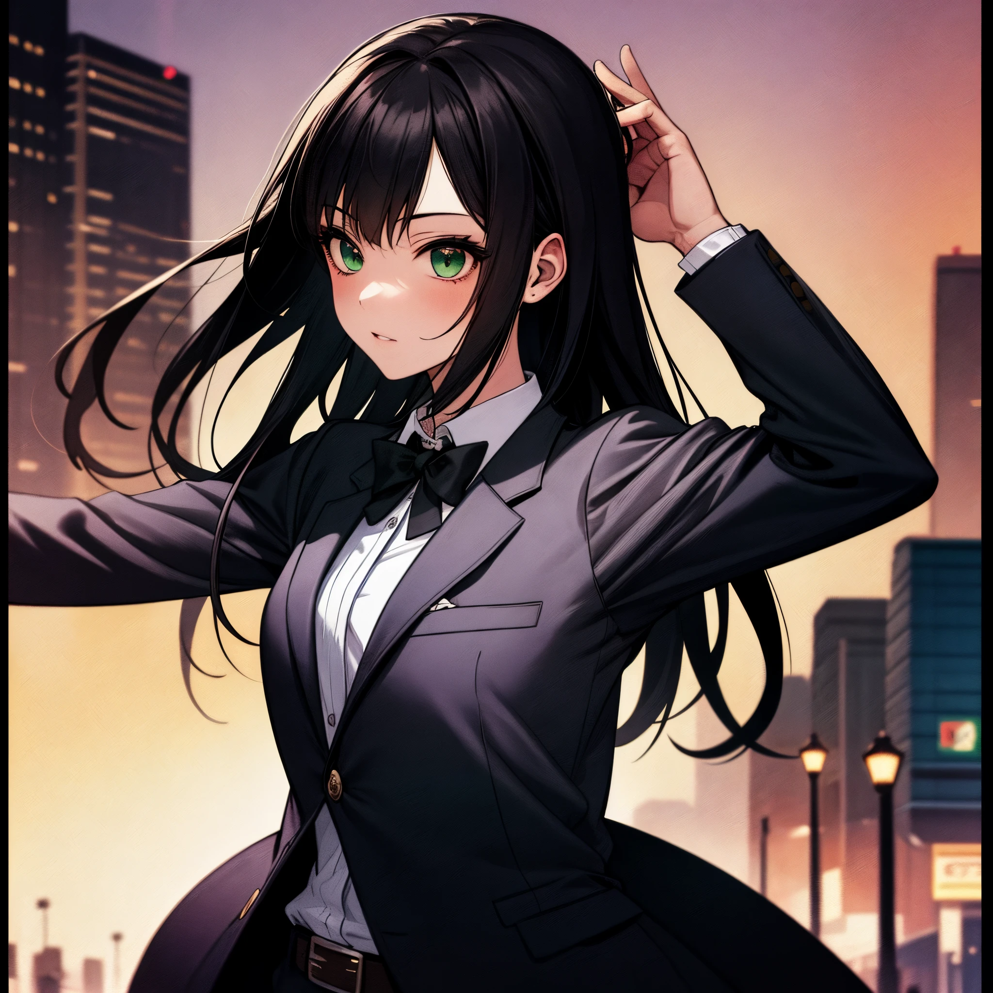 masterpiece, highest quality, 1 girl, green eyes、long black hair, blue blazer, Formal shirts, belt, city street