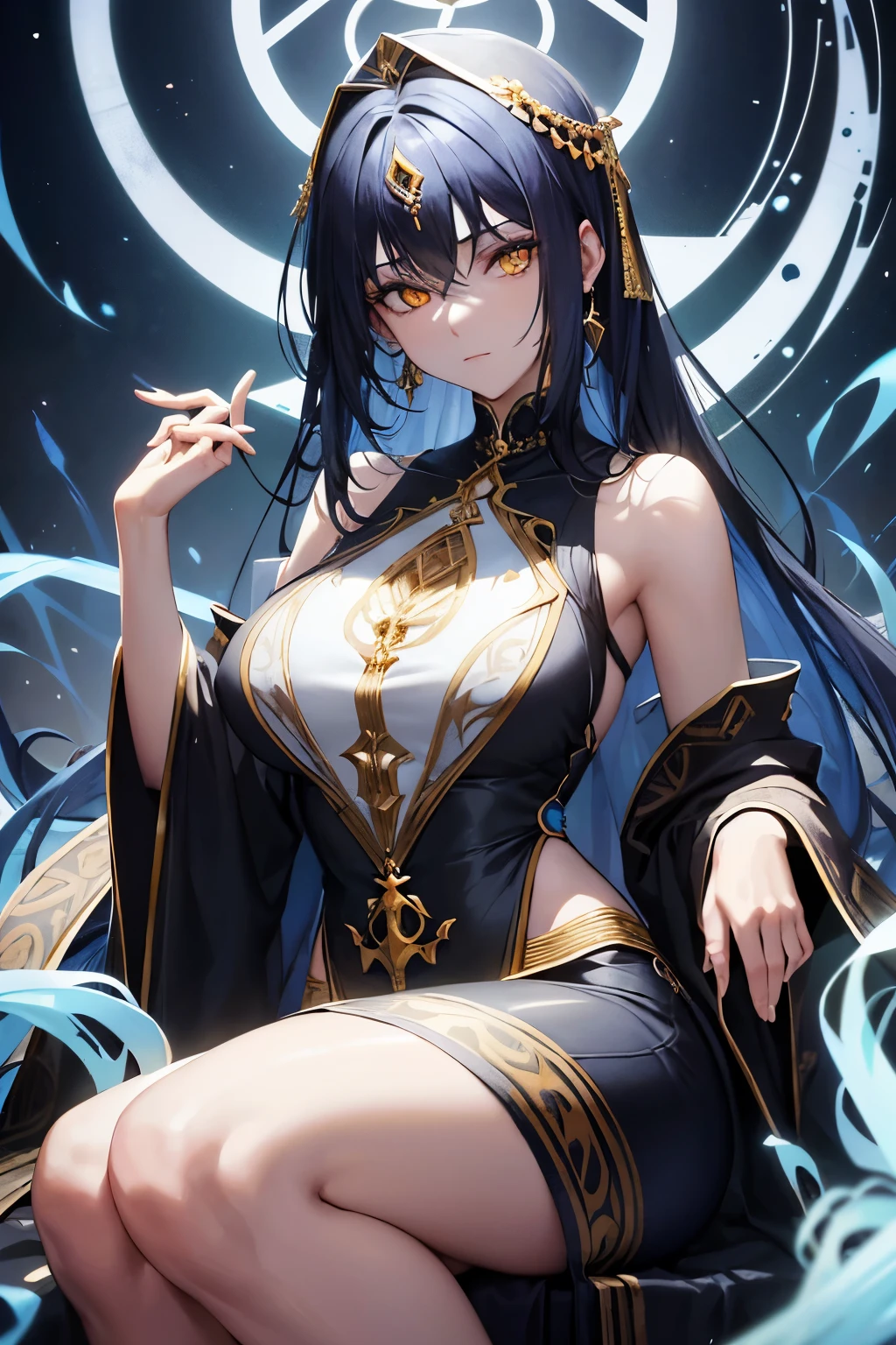 1 garota, roupas japonesas, rabo de cavalo ,cabelo branco, olhos roxos, magic circle, fogo azul, chamas azuis, papel de parede, paisagem, sangue, sangue splatter, profundidade de campo, noite, light particles, raios de luz, side lighting, coxas, destino \(Series\), impacto genshin, jaqueta aberta, saia, coxas, nuvem