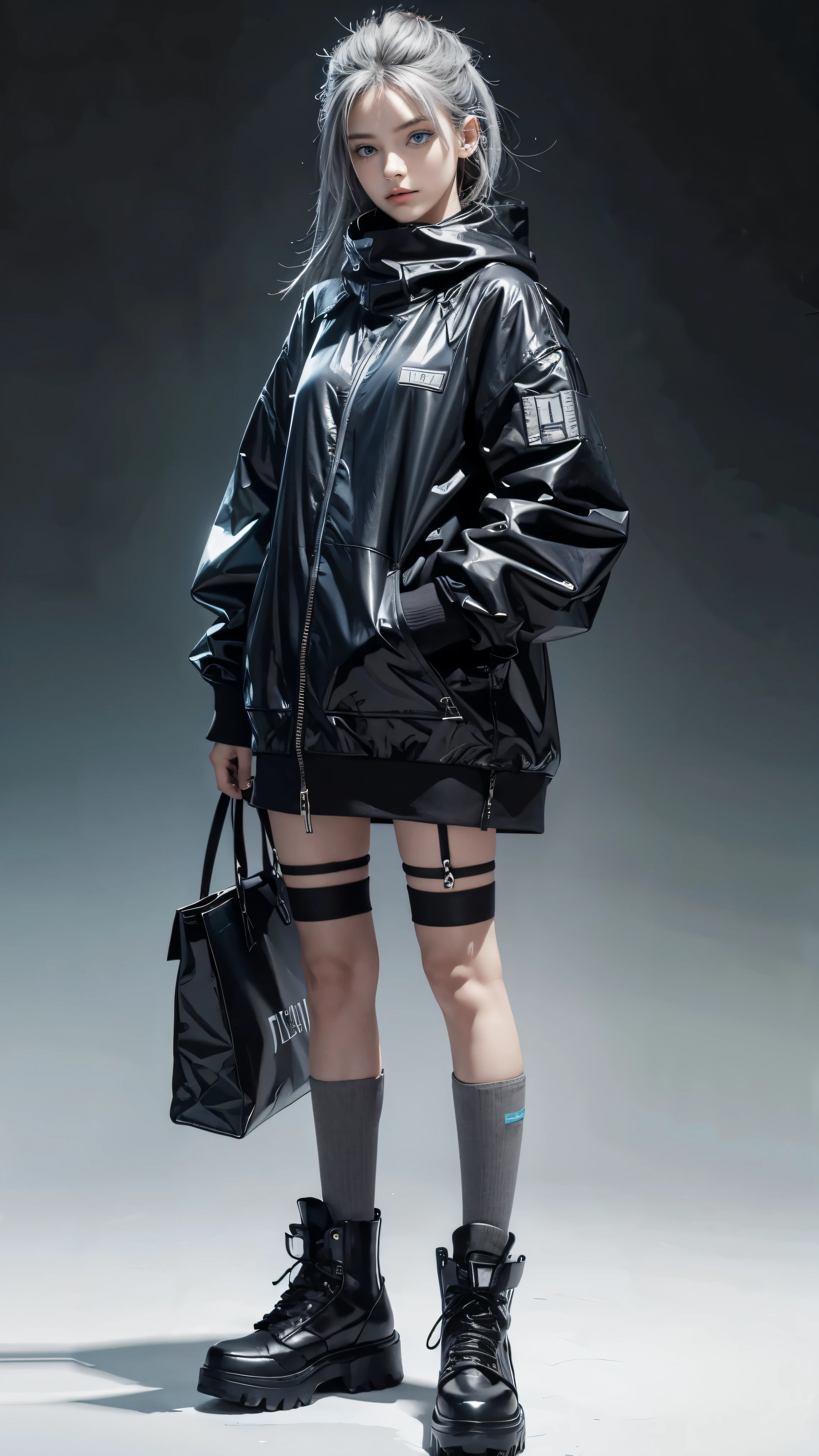 fashion brand collection, highly detailed, beautiful, masterpiece, best quality, Geometric style, abstract beauty,1 girl, (all body shot, standing and posing:1.3), dynamic pose, approaching perfection, digital painting, artstation, (concept art:1.3), illustration, white and black colors, Geometric patterns, abstract forms, Complex, surreal, BREAK latex, Glossy, Liquid, rubber, BREAK (casual fashion and Cyber taste fashion), (JET black theme:1.4), baggy and baggy wear, baggy body and sleeve, baggy knit A-line dress, Scattered geometry, Face mask, (long length muffler), BREAK (stripe theme:1.2), (striped Socks with zettai ryouiki), boots taste Sneaker, Artistic complicated background, (gray hair, blue eyes:1.4)