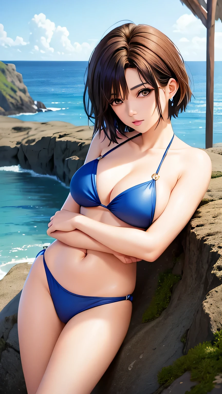 masterpiece,highest quality,ultra high resolution,short hair,eyeliner,parted hair,short hair,earrings,Ghibli style, woman、Ocean、blue bikini