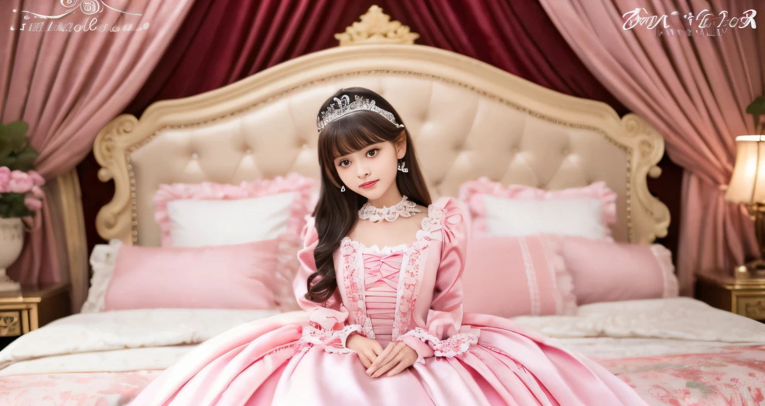 ,highest quality, masterpiece, highest resolution, artwork, super それにget used to it, many get used to it, get used to it, それにget used to it, 3K realistic photos,,((女の子)),((children phoailed baby face,high quality small face,She is a princess,Full length ball gown dress with hoop skirt,ruffled yoke collar,puff sleeves,long sleeve,((Lolita style hot pink detailed pess satin dress、Comes with lots of frills and ribbons。)),colorful rococo fashion,shiny satin dress,Soft and smooth fabric,luxury,long hair,((inside the palace)),,,(( 10 years old)),Super detailed baby fgth ball gown dress with hoop skirt,long skirt,ruffled yoke collar,puff sleeves,腰まで伸びたlong hair,Japanese,pajamas,((inside the palace bedroom)),ピンクのシルクサテンのluxuryなcanopy bedの上,canopy bed,Luxurious curtains on both sides of the bed,many frilly pillows on the bed,super detailed background,detailed bed,romantic atmosphere,little princess is on the bed,hug a pink pillow,((((Both legs are hidden in the dress)))),the dress is spread out on the bed,soft pink silk satin comforter,soft silk satin ruffled pillow,Beautiful girl illustration,detailed beautiful face detailed hair,detailed human eye ,detailed mouth, arm details,fine hands,Detailed pillow,Detailed lace-up bow at chest,