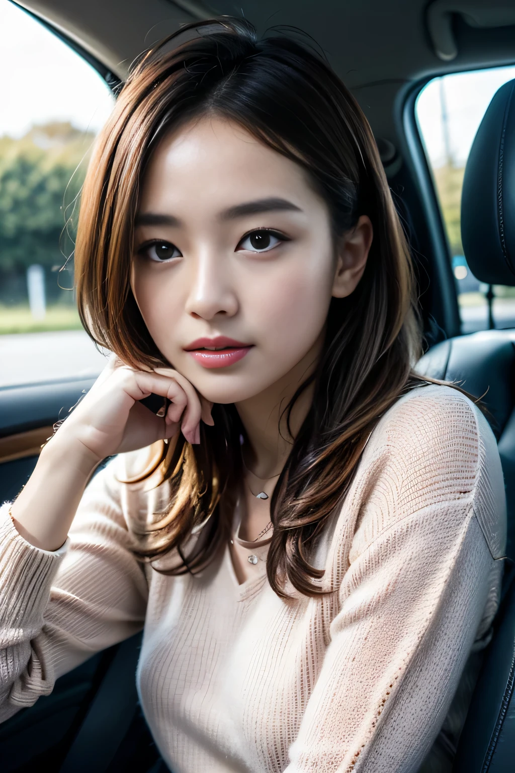 19 years old、cute、最high quality、masterpiece、most parts of the body、(With background:inside the car)、1 girl、double ball head、coil hair、streamer、pale pink lip、know、brown eyes、loose blue sweater、detailed face、close up of face、beautiful face、Photoreal、rim lighting、two-tone lighting、(high detail skin:1.2)、8K UHD、Digital single-lens reflex camera、soft lighting、high quality、photograph、High resolution、4K、8K、Bokeh、answer an interview