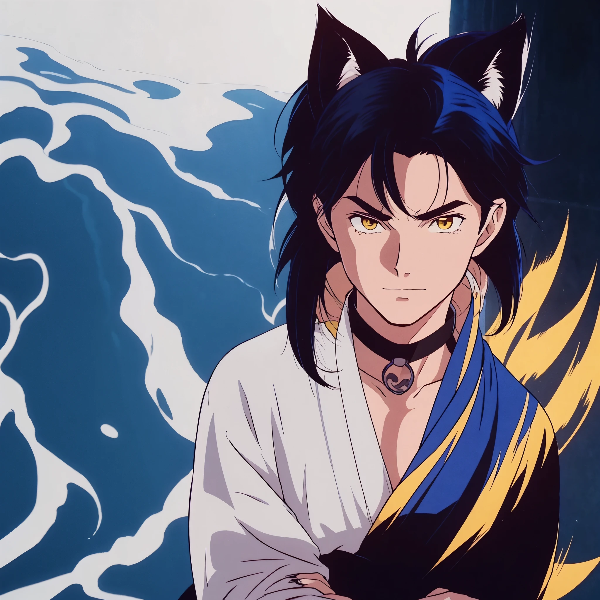 Fox anime boy. With fox tail and ear black and blue. Wearing hanfu half naked.  Black blue hair, and wolf cut hairstyle. Chinese. Yellow eyse. Long blue nails. A fur scarf hung around his neck