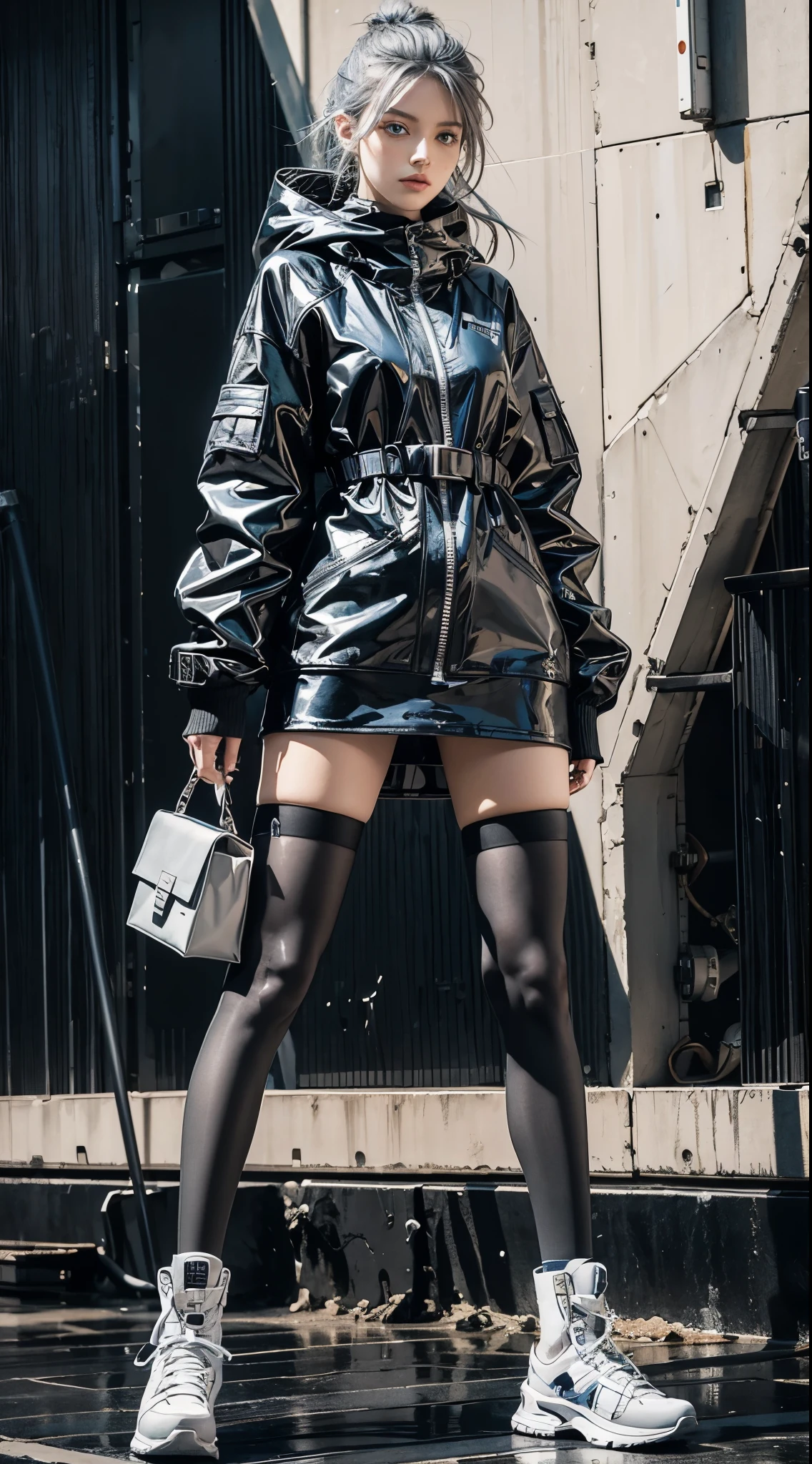 fashion brand collection, highly detailed, beautiful, masterpiece, best quality, Geometric style, abstract beauty,1 girl, (all body shot, standing and posing:1.3), dynamic pose, approaching perfection, digital painting, artstation, (concept art:1.3), illustration, white and black colors, Geometric patterns, abstract forms, Complex, surreal, BREAK latex, Glossy, Liquid, rubber, BREAK (casual fashion and Cyber taste fashion), (JET black theme:1.4), baggy and baggy wear, baggy body and sleeve, baggy knit A-line dress, Scattered geometry, Face mask, (long length muffler), BREAK (stripe theme:1.2), (striped Socks with zettai ryouiki), boots taste Sneaker, Artistic complicated background, (gray hair, blue eyes:1.4)