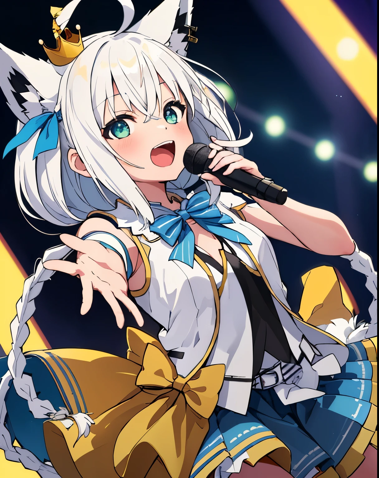 1 girl, 一人in, concert, stage, (stage lights, colorful background), dutch angle, in, have a microphone, Fubuki doll, hololiine idol uniform, layered skirt, white gloines, mini crown, blue bowtie, bow, twin braids, Ahoge, open your mouth 