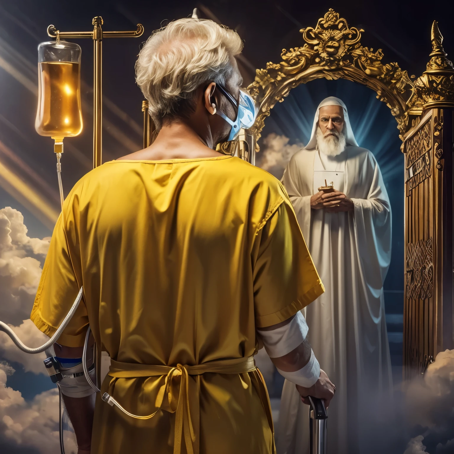 old man, wearing oxygen mask, yellow infusion bottle, blue operating room shirt, in front of heaven's door, smiling saint welcoming him, heavenly scene with clouds and light