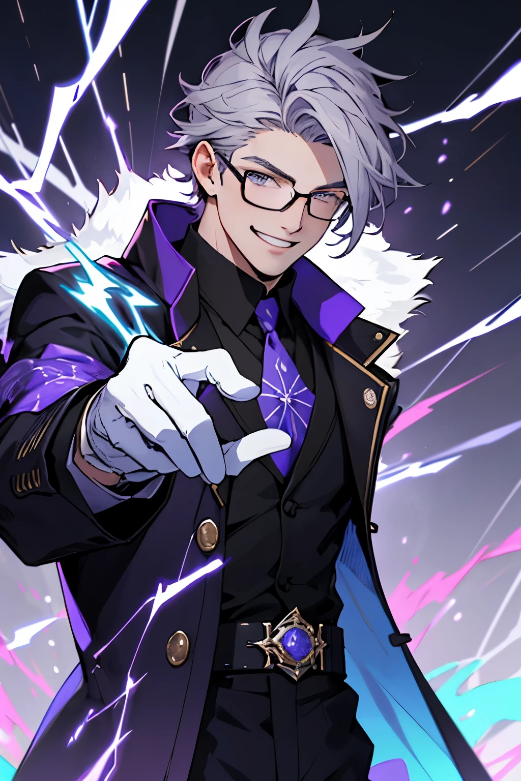 Beautiful young man with gray hair and glasses。Eyes are red。Black coat with classic design decorations、white gloves。Grinning, he holds out his right hand and manipulates purple lightning magic.。The background is a purple magic square。