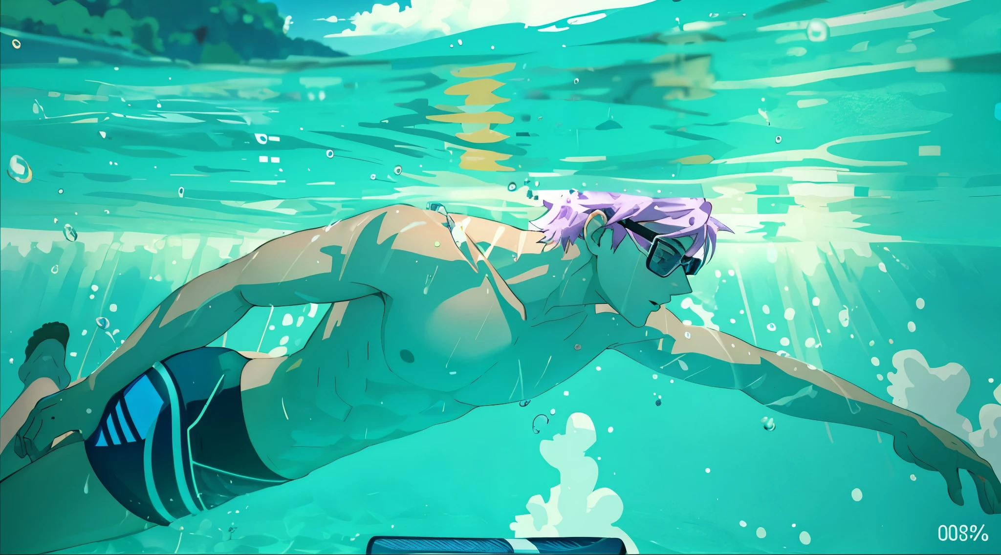 There is a young man of with violet hair wearing swimming goggles aquatic goggles he is swimming in the water with a camera, captura, nadando bajo el agua, nadando bajo el agua, still video, punto de vista bajo el agua, nadando profundamente bajo el agua, I