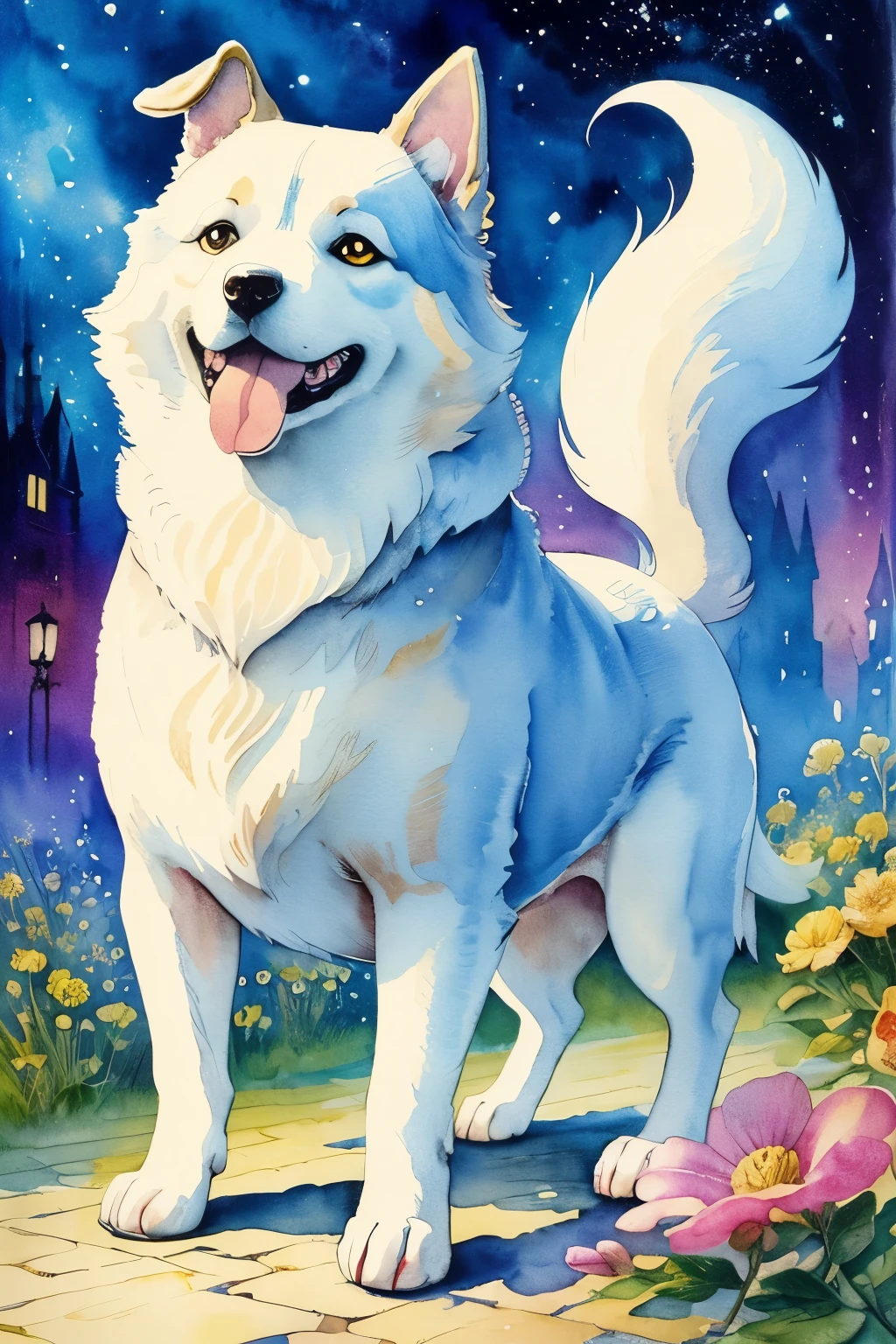 ((animal,watercolor painting,Playing dogs,One tail)),dance,open your mouth,masterpiece,highest quality,animal,(tarot cards,Big eyes,Fluffy dog,cute,fun,happiness),Fashionable scenery,glitter effect,flower,anatomically correct,All the best,最高にcute犬,cute犬,fantasy,randolph caldecott style,Thick impasto strokes characteristic of Van Gogh,enlightenment,(watercolor painting,gentle shades,hand-drawn style,like an illustration,soft color palette,pop,fancy)