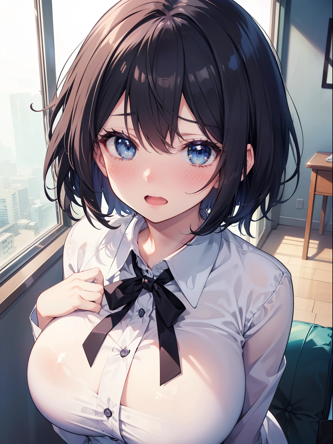(highest quality, High resolution, perfect pixel, Depth of bounds written, 4K), 
beautiful anime girl, 
looking at the viewer, 
perfect body,  

(blush all over the face, embarrassed:1.2), open mouth,

short hair, black hair, blue eyes, (huge breasts), 

opened large white shirt,  bottomless, 
focus breasts, from above, 