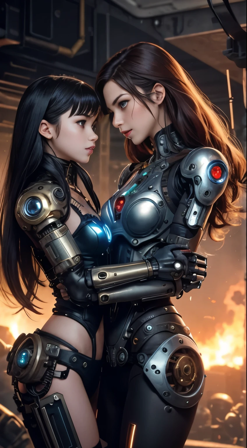 a cute steampunk cyborg girl vs a cute cybernetic futuristic cyborg girl fighting face to face