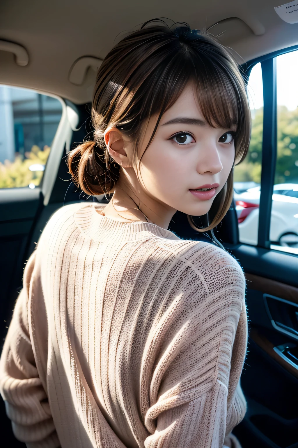 19 years old、cute、最high quality、masterpiece、most parts of the body、(With background:inside the car)、(back seat of one box car)1 girl、double ball head、coil hair、streamer、pale pink lip、know、brown eyes、loose blue sweater、detailed face、close up of face、beautiful face、Photoreal、rim lighting、two-tone lighting、(high detail skin:1.2)、8K UHD、Digital single-lens reflex camera、soft lighting、high quality、photograph、High resolution、4K、8K、Bokeh、answer an interview