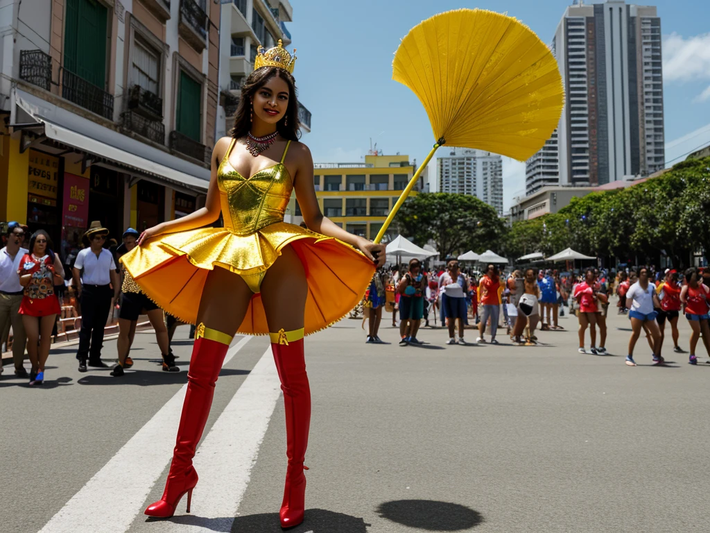 "Develop an high-resolution image, in 8k, portraying a beautiful young woman from Rio de Janeiro. She has a perfect and well-defined face, with bright and colorful carnival makeup. Her body is slim, tall, and slender, with long and well-defined legs, characteristic of a fashion model. Her breasts are medium-sized and very well-defined, as are her buttocks. The young woman is wearing an extremely sensual carnival costume, being a carnival queen, with shining golden and red outfits. She wears colorful and shiny high-heeled boots that cover her legs up to the knees.
The young woman is in a parade pose, standing on the Sapucaí Avenue, in Rio de Janeiro. Her arms are slightly open at waist height, while the grandstand is full of people taking pictures of her. Many people are amazed by the beauty of the young woman. The scene is cinematic, with the young woman prominently featured in the image, captured with a 24mm lens. The photo has high resolution to ensure all details of the scene are visible, highlighting the vibrant and festive energy of the samba school."