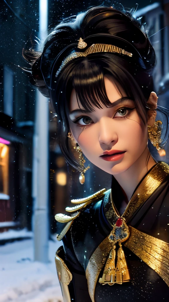 8k wallpaper of a mysterious kunoichi wearing gold jewelry in the streets of a dark snowy town in russia, by artgerm, intricate detail, trending on artstation, 8k, fluid motion, stunning shading, by wlop