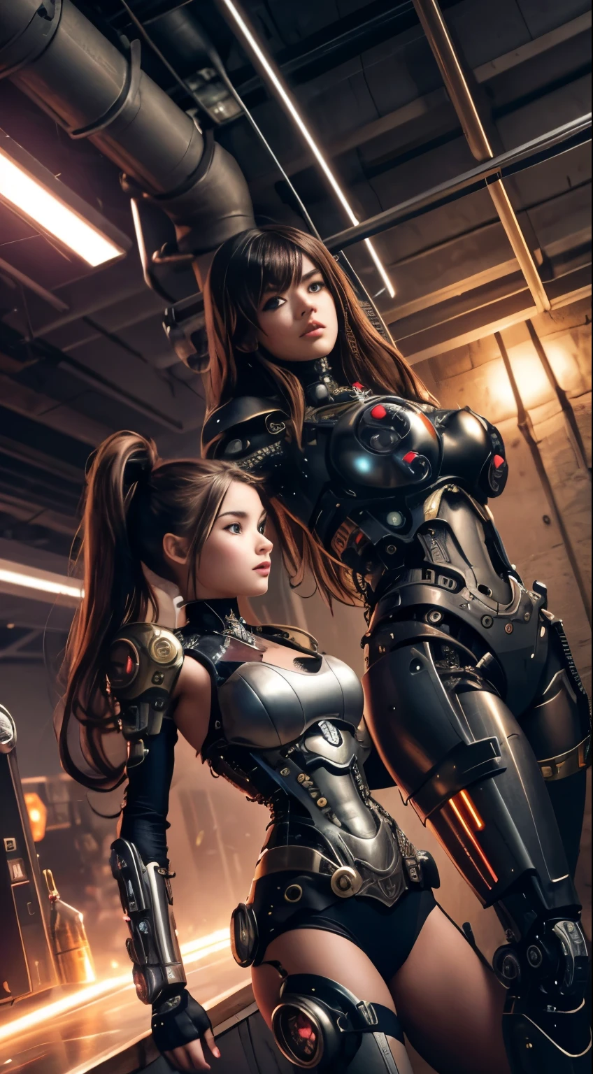 a cute steampunk cyborg girl vs a cute cybernetic futuristic cyborg girl fighting face to face
