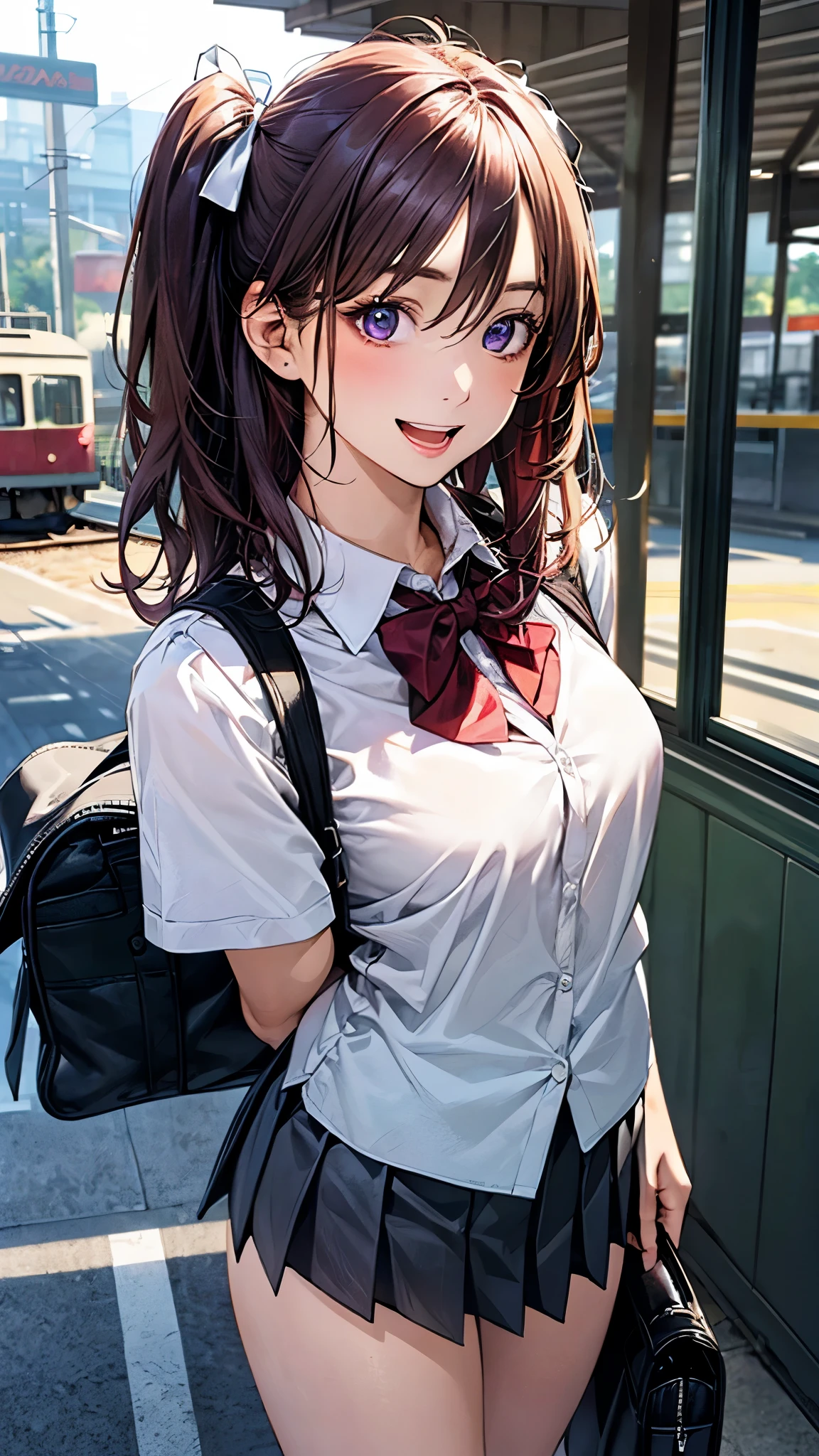 (masterpiece:1.2, top-quality), (realistic, photorealistic:1.4), beautiful illustration, (natural side lighting, movie lighting), nsfw, 
looking at viewer, 1 girl, japanese, high school girl, perfect face, cute and symmetrical face, shiny skin, 
(middle hair:1.5, (two side up:1.2), grey purple hair), hair between eyes, purple eyes, long eye lasher, (medium breasts), slender, dark red hair ribbon, 
beautiful hair, beautiful face, beautiful detailed eyes, beautiful clavicle, beautiful body, beautiful chest, beautiful thigh, beautiful legs, beautiful fingers, 
((white collared shirts, grey box pleated mini skirt), dark red bow tie), school bag, 
(beautiful scenery), evening, (train station), standing, (lovely smile, open mouth slightly), 