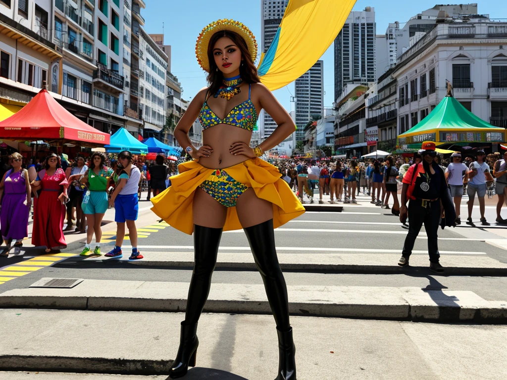 "Develop an high-resolution image, in 8k, portraying a beautiful young woman from Rio de Janeiro. She has a perfect and well-defined face, with bright and colorful carnival makeup. Her body is slim, tall, and slender, with long and well-defined legs, characteristic of a fashion model. Her breasts are medium-sized and very well-defined, as are her buttocks. The young woman is wearing an extremely sensual carnival costume, being a carnival queen, with shining golden and red outfits. She wears colorful and shiny high-heeled boots that cover her legs up to the knees.

The young woman is in a parade pose, standing on the Sapucaí Avenue, in Rio de Janeiro. Her arms are slightly open at waist height, while the grandstand is full of people taking pictures of her. Many people are amazed by the beauty of the young woman. The scene is cinematic, with the young woman prominently featured in the image, captured with a 24mm lens. The photo has high resolution to ensure all details of the scene are visible, highlighting the vibrant and festive energy of the samba school."
