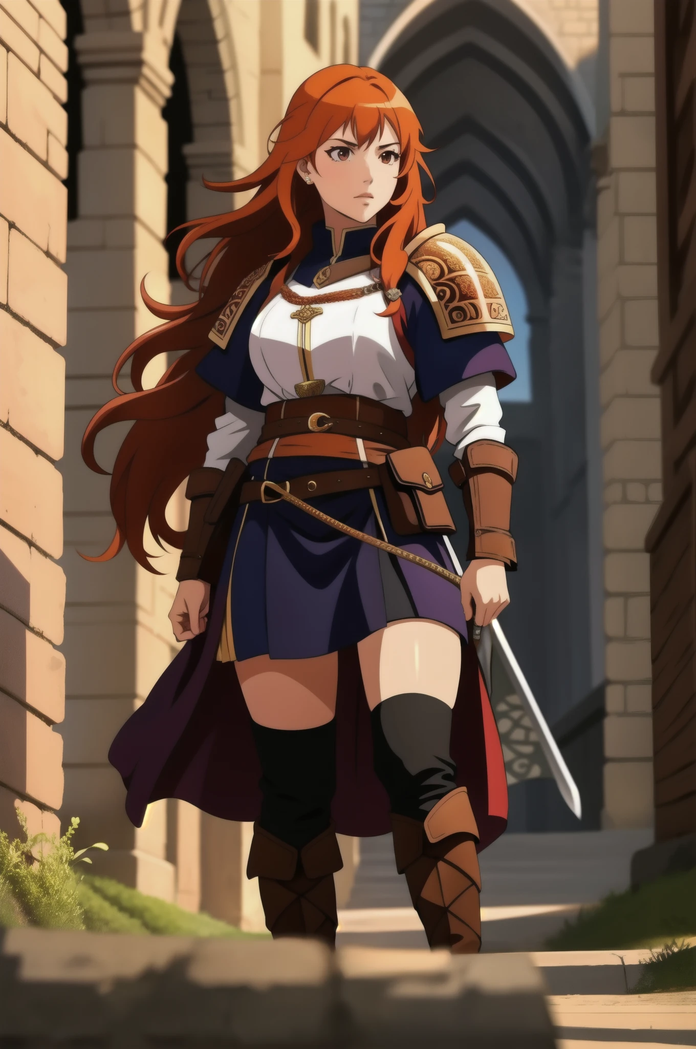 anime, detailed, depth of field, sunny, ginger hair, barbarian female, medieval time, walking, being careful, serious look, front view, medieval city background