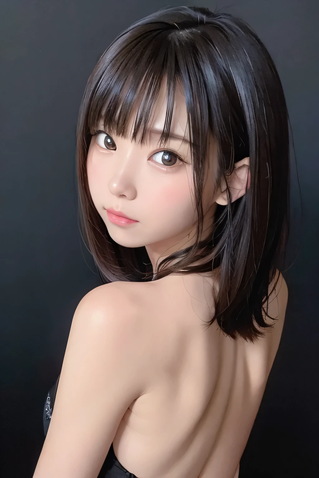 8K、portrait、masterpiece、best image quality、1girl、round face、slim、flat body、、cute、、silhouette、black shadow on the face、(Backlight:1.5)、完璧なアンドロイドのgirl、brown eyes、、look back、cast a shadow、upper shot、(pitch dark underground passage)、jet-black background