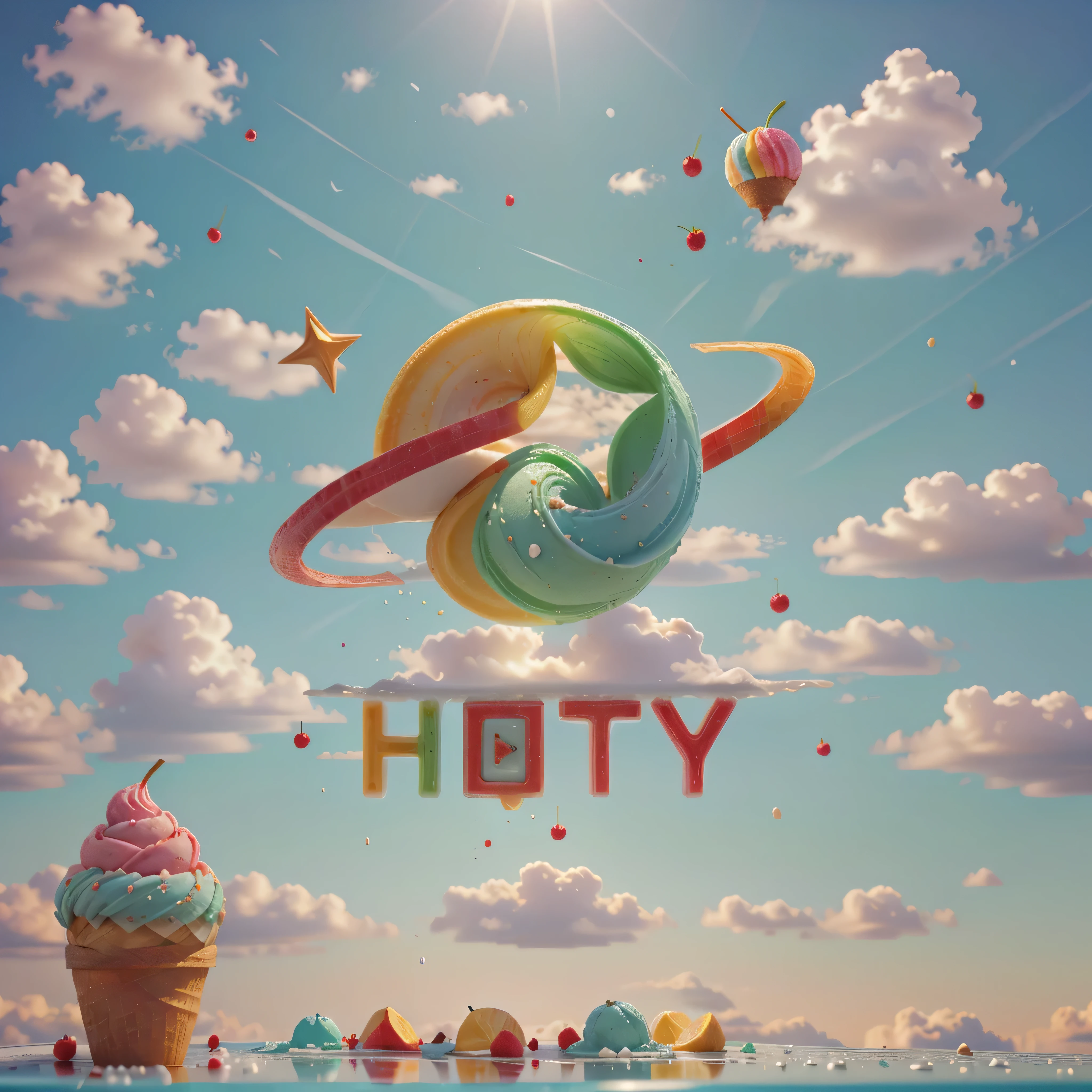Gogo,ice cream,those fruits,ice cubes,splash,Blue sky and white clouds