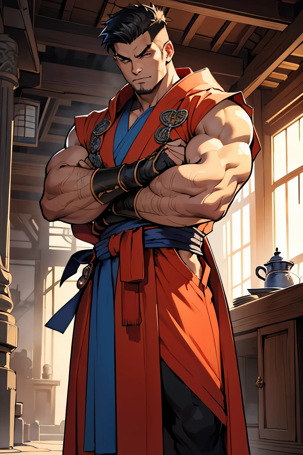 Hand drawn art, concept art, detailed sketch, sketch drawing, manga art style, large and muscular Muay Thai fighter, wearing robes similar to a large overcoat, strong with defined muscles, wearing Kard Chuek gloves, in the temple of fight