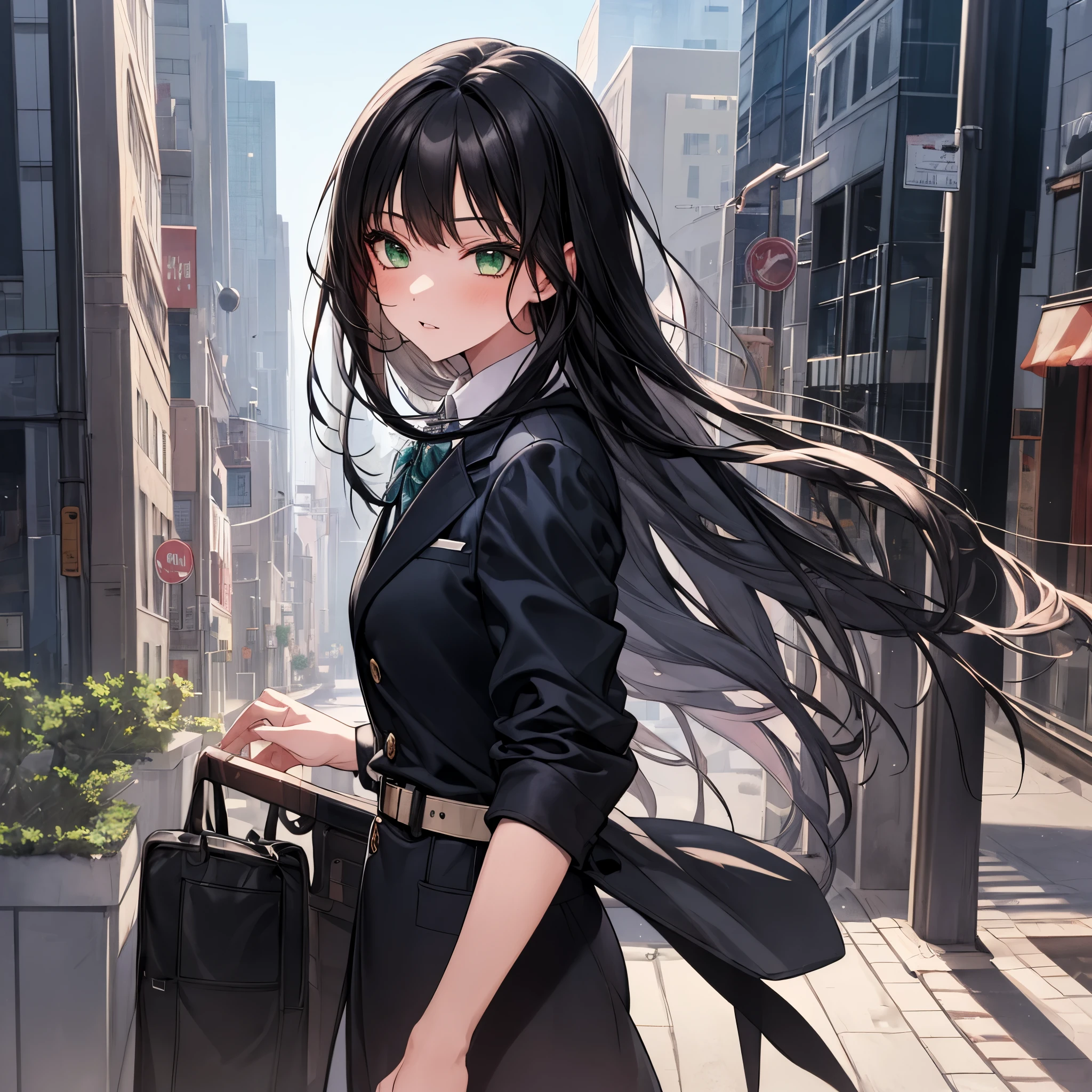 masterpiece, highest quality, 1 girl, green eyes、long black hair, blue blazer, Formal shirts, belt, city street