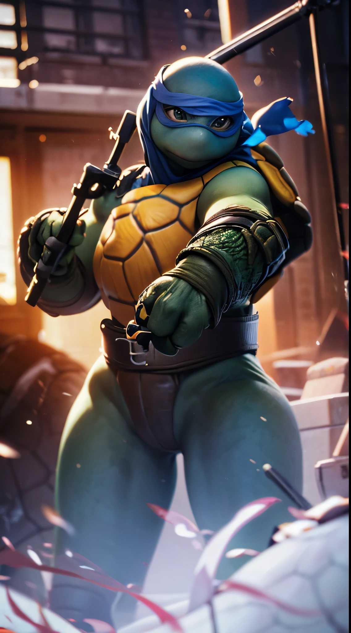 masterpiece, (1girl, female, female turtle, femine:1.5), (absurdres, high quality, detailed), (solo), illustration of a TMNTLeonardo, a age mutant ninja turtle with a blue bandana mask with eye-holes, atmospheric, realistic lighting, shot by Hassleblad H6D, Zeiss, Kodachrome, nikon, 50mm 1.2 lens, Octane Render, highly detailed, intricate detail, (destroyed town background, action pose:1.25), (nsfw:0.5)