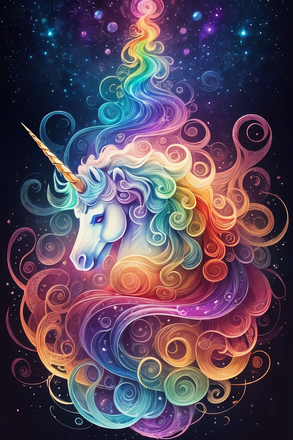 ((animal,unicorn,curly wavy rainbow)),美しいunicorn,(highest quality,High resolution:1.2),super detailed,fine brush strokes,Colorful palette:No Rainbow,studio lighting,想像力豊かなunicorn,beautifully decorated mane,sparkling eyes:2.2,Flowing mane and tail,bright and vibrant colors,Playful and happy expression,Fantastic and magical atmosphere,Dreamy background with celestial bodies,Elaborate and intricate Zentangle patterns,dynamic,illusion of movement and depth,Mythical creatures and enchanting landscapes,magic light and shine,Explosion of bright colors and celestial bodies,Flowing swirling starry sky,Thick impasto strokes characteristic of Van Gogh,Starry sky swirl and paint swirl,(fantasy,hand-drawn style,like an illustration),(soft color palette,pop,fancy)