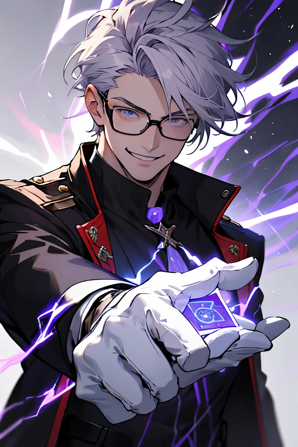 Beautiful young man with gray hair and glasses。Eyes are red。Black coat with classic design decorations、white gloves。Grinning, he holds out his right hand and manipulates purple lightning magic.。The background is a purple magic square。