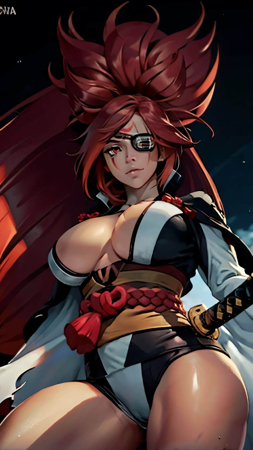 (obra de arte, melhor qualidade, ultra detalhado:1.3), perfect composition, 4k, (extremamente detalhado, hiper detalhado), soft lighting, CRU, HDR, Texturas 8K, detalhe extremo, textura da pele altamente detalhada, epic details, Alta nitidez, olhos detalhados, pele delicada, melhor qualidade, Melhor Desinger, Melhor ilustração, 8k UHD, 1girls, areolae, bent leg, big breasts, cameltoe, eyepatch, female, female only, japanese, clothes, katana, looking at viewer, nipple peek, nipples red eyes, red hair, solo, thick thighs, thong