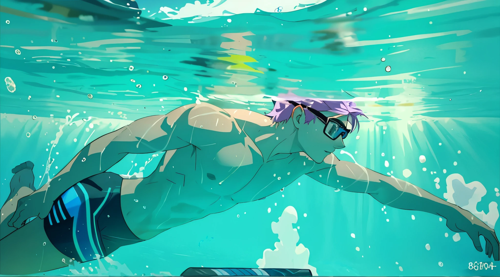 There is a young man of 15 years old with violet hair wearing swimming goggles aquatic goggles he is swimming in the water with a camera, captura, nadando bajo el agua, nadando bajo el agua, still video, punto de vista bajo el agua, nadando profundamente bajo el agua, I