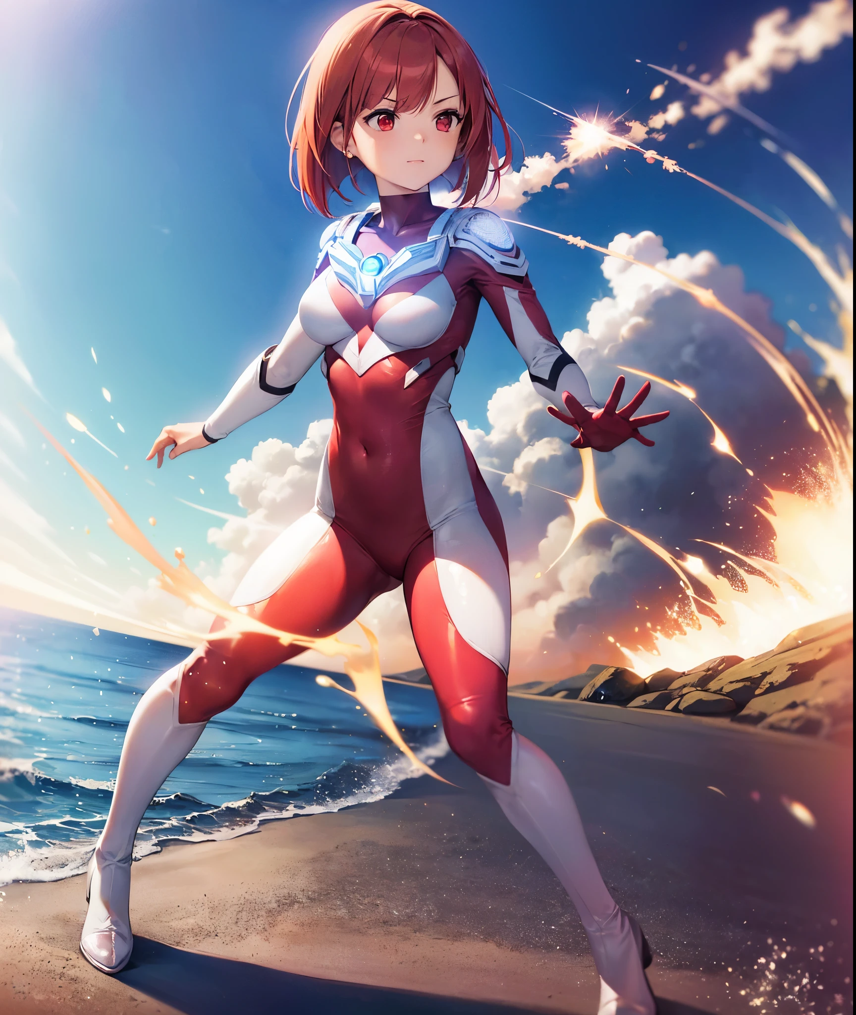highest quality, ultra detail, High quality CG drawing, The most delicate and beautiful, Floating gently, High resolution, (1 girl), (Highest image quality,4K,8K,masterpiece:1.2),(bright red hair:1.5),(short bob:1.5),(red eyes:1.5), (Ultra Girl :1.0), (silver and red ultraman bodysuit:1.4),slightly bigger breasts
