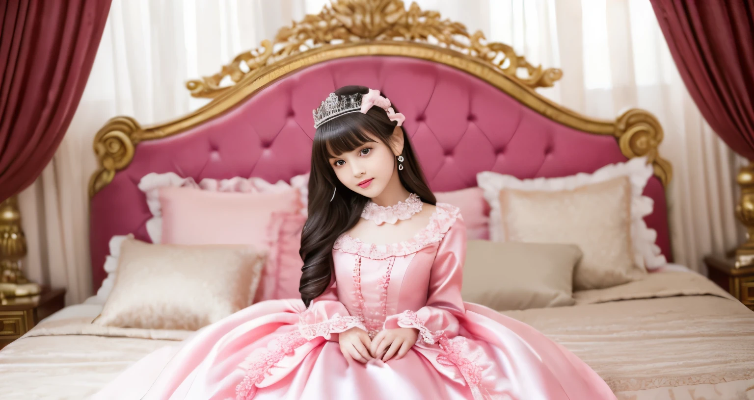 ,highest quality, masterpiece, highest resolution, artwork, super それにget used to it, many get used to it, get used to it, それにget used to it, 3K realistic photos,,((女の子)),Super detailed baby face,Shincess,Full length ball gown dress with hoop skirt,ruffle yoke collar,puff sleeves,long sleeve,((Lolita style hot pink detailed princess satin dress、Comes with lots of frills and ribbons。)),colorful rococo fashion,shiny satin dress,Soft and smooth fabric,luxury,long blonde hair,blue eyes,white skin european,pajamas,((inside the palace)),,,((  10 years old)),Super y face,Full length ball gown d hoop skirt,long skirt,ruffle yoke collar,puff sleeves,long hair that grows to the waist,Japanese,pajamas,((inside the palace bedroom)),ピンクのシルクサテンのluxuryなcanopy bedの上,canopy bed,Luxurious curtains on both sides of the bed,many frilly pillows on the bed,super detailed background,detailed bed,romantic atmosphere,little princess is on the bed,hug a pink pillow,((((Both legs are hidden in the dress)))),the dress is spread out on the bed,soft pink silk satin comforter,soft silk satin ruffled pillow,Beautiful girl illustration,detailed beautiful face detailed hair,detailed human eye ,detailed mouth, arm details,fine hands,Detailed pillow,