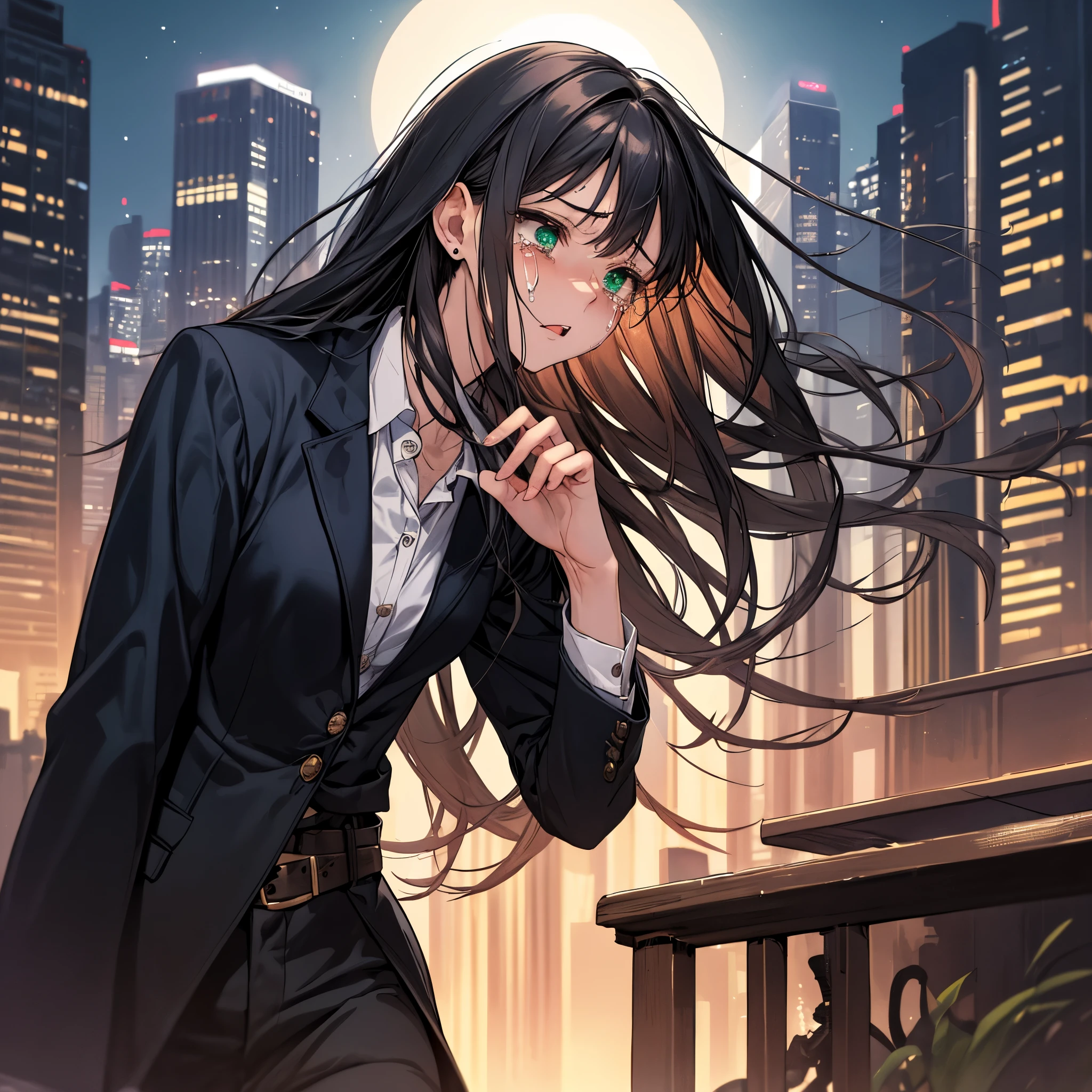 masterpiece, highest quality女の子1名, mature woman, green eyes、blue blazer, Formal shirts, belt, bow, highest quality, hire, detailed face,cityscape at night, detailed background, Depth of written boundary, Bokeh,black long hair、walk together,groan of pain、Feel pain、tears flow、it hurts、cry in pain、I'm scared and crying、covered in tears to relieve the pain、groan of pain、