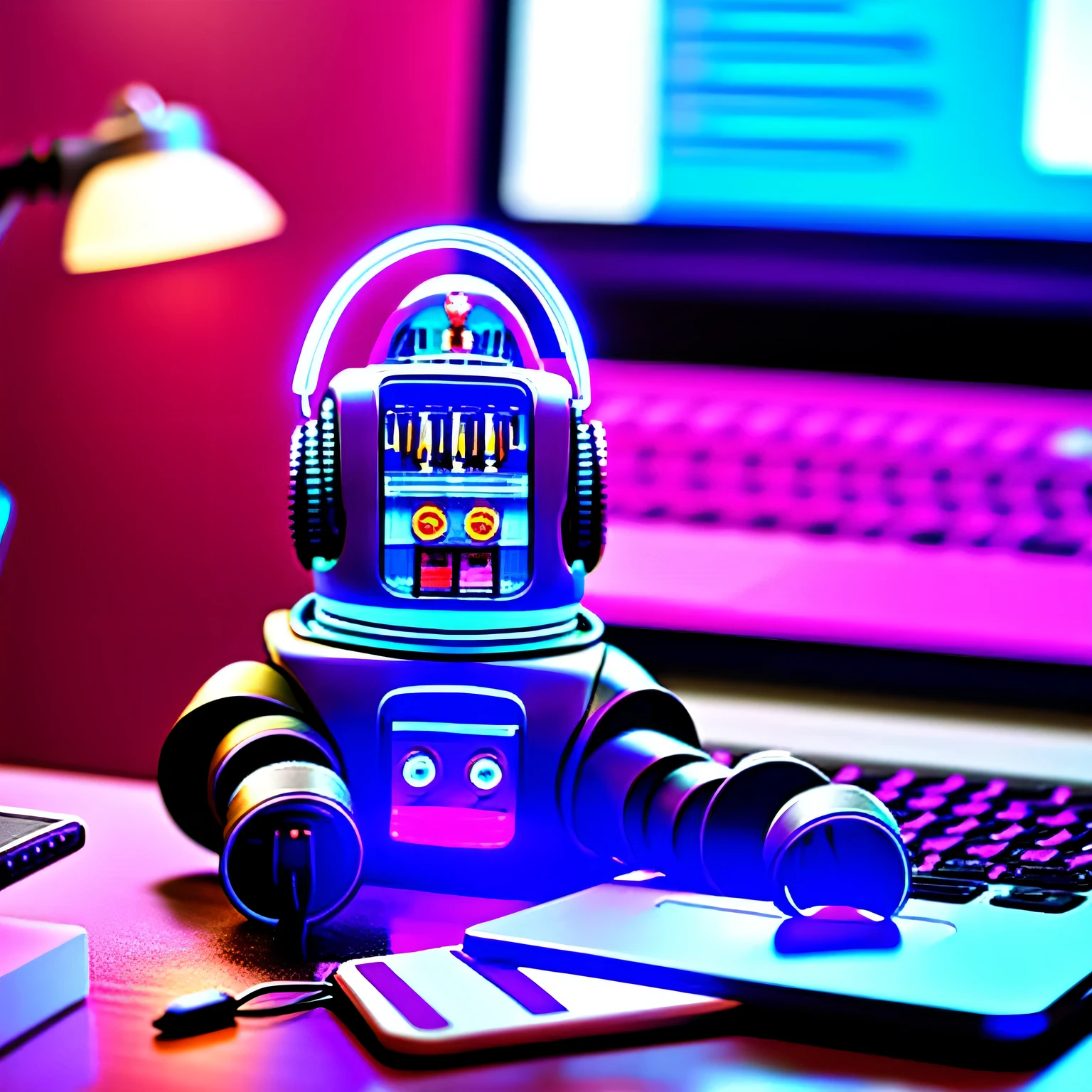 robby3  one cute robot that is sitting at a desk in front of a laptop doing work, high detail, synthwave lighting, photo realistic