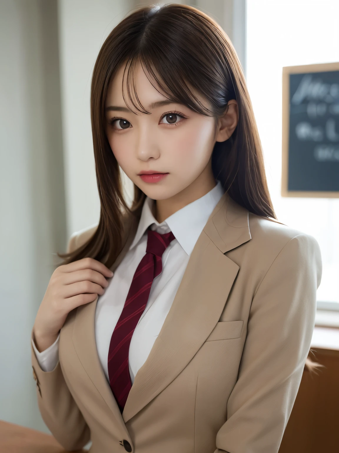 table top, highest quality, figure, super detailed, finely, High resolution, 8k wallpaper, 完璧なダイナミックな構figure, beautiful and fine eyes, natural lip,blazer ,school uniform, big breasts, whole body,I can see your chest