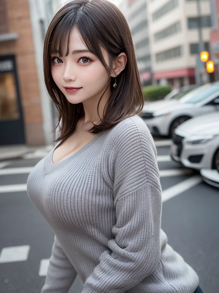 masutepiece, Best Quality, Photorealsitic, finely detail, hight resolution, 8K Wallpapers, Perfect dynamic composition, Beautiful detailed eyes, Medium Hair, large full breasts, Random and sexy poses,Random situations、Tight gray knitwear、Breast bulge、A smile、Urban landscape、25-years old、(drooping eyes 1.3)、Adult beauty、natural make up、japanes