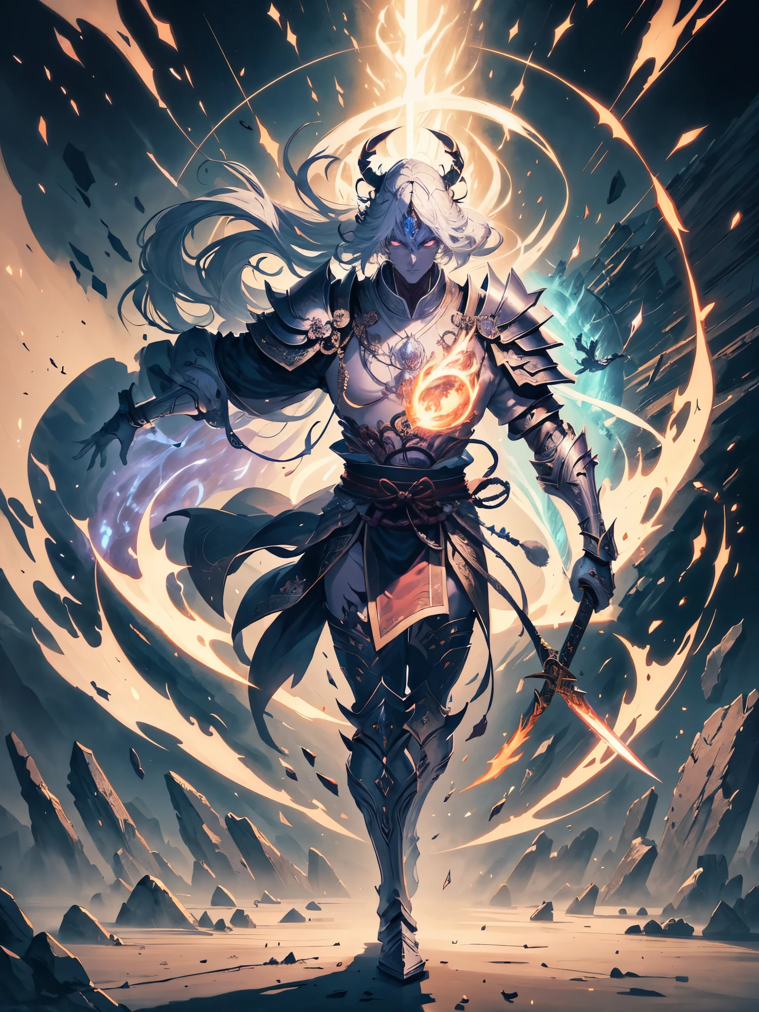 Samurai celestial knight, male focus, scar on face, holding katana, long white hair, paladin armor full body, jump, unlimited blade work, dragon motif mask, high quality, 4k ultra HD, martial arts, jump, fly, cinematic light, fire aura, red and black, full body picture, male, knight, Sky, clouds