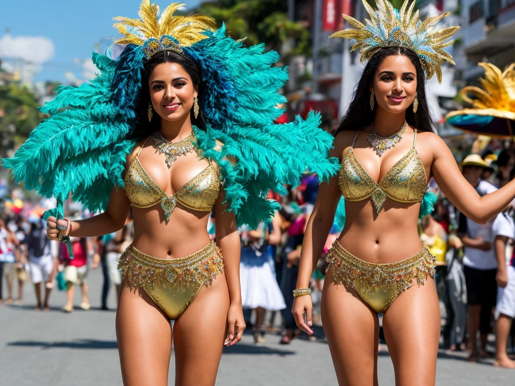 "Develop an high-resolution image, in 8k, portraying a beautiful young woman from Rio de Janeiro. She has a perfect and well-defined face, with bright and colorful carnival makeup. Her body is slim, tall, and slender, with long and well-defined legs, characteristic of a fashion model. Her breasts are medium-sized and very well-defined, as are her buttocks. The young woman is wearing an extremely sensual carnival costume, being a carnival queen, with shining golden and red outfits. She wears colorful and shiny high-heeled boots that cover her legs up to the knees.

The young woman is in a parade pose, standing on the Sapucaí Avenue, in Rio de Janeiro. Her arms are slightly open at waist height, while the grandstand is full of people taking pictures of her. Many people are amazed by the beauty of the young woman. The scene is cinematic, with the young woman prominently featured in the image, captured with a 24mm lens. The photo has high resolution to ensure all details of the scene are visible, highlighting the vibrant and festive energy of the samba school."