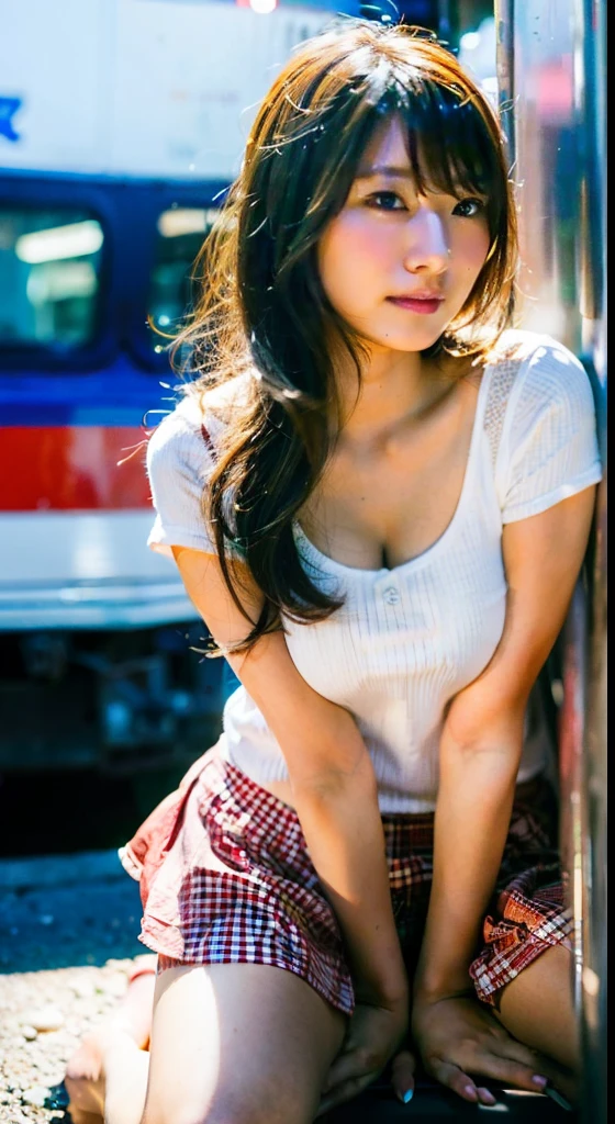 girl sitting in front of the train,(8k, RAW photo, best quality, masterpiece:1.2), ultra detailed,(realistic), professional photograph, extremely detailed, highly detailed background,Best quality, tits,full body view,spreading legs ,Low - Angle,cute,kawaii,Open your knees and show me your crotch ,sex pov , (micro skirt ,white shirts,tits,white pantiest), gyaru make , Age,thigh , sweaty body, a sexually seductive look