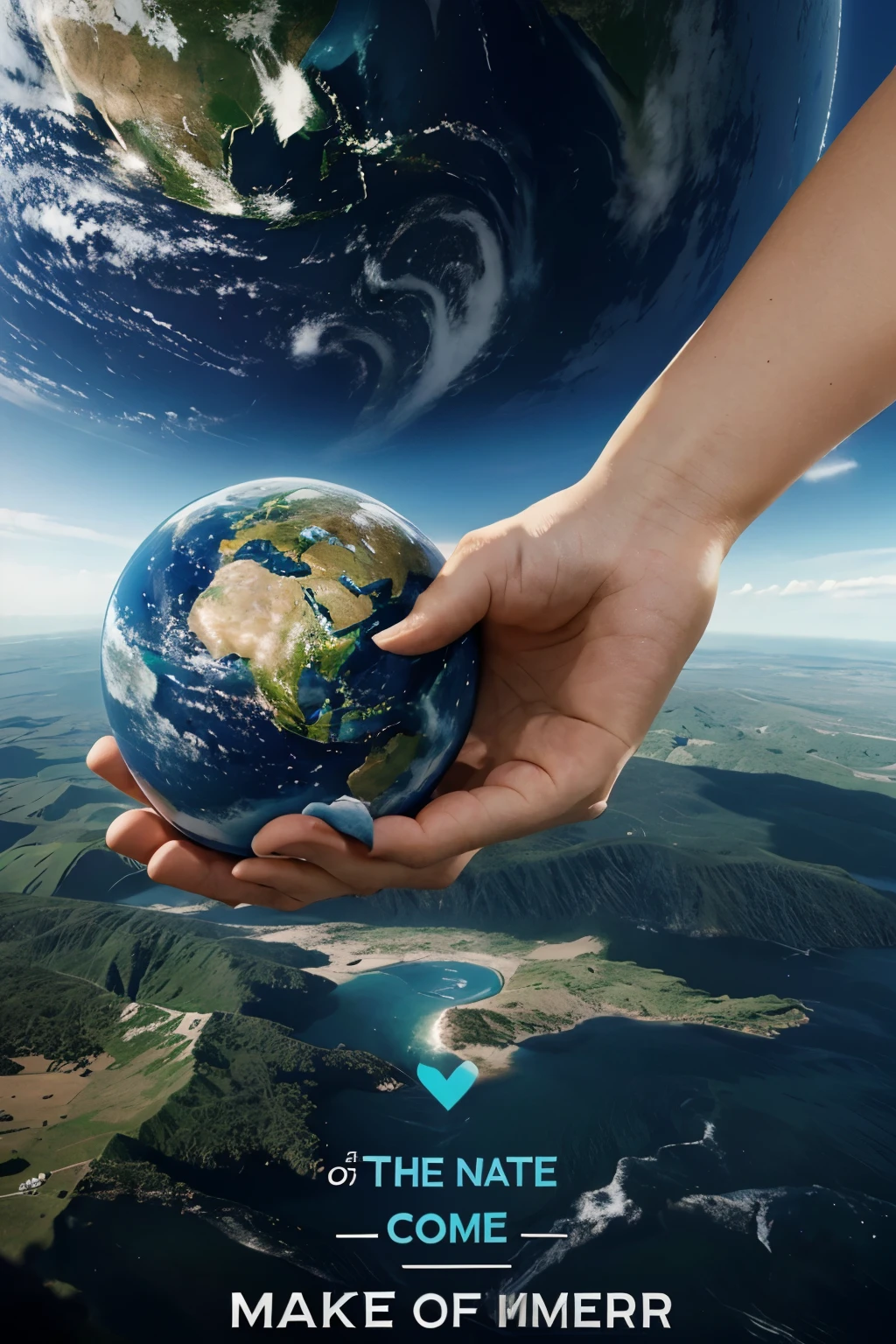 make me a poster with the theme "protect the earth from danger" ,then put a picture of the earth in the middle and a hand as a support, write "save earth", also give words related to love the earth, use a combination of green and blue, do your best to compete.
