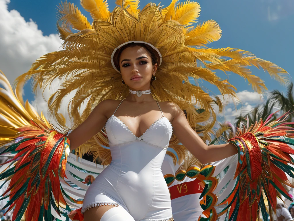 "Develop a high-resolution image, em 8k, portraying a beautiful young woman from Rio de Janeiro in all her carnival glory. She's a true muse, com um rosto perfeito e meticulosamente maquiado para o carnaval, exalando brilho e cor. Her tall, slender body is a vision of elegance, with long, well-defined legs that seem endless, dignas de uma passarela de moda internacional. Seus seios, medium-sized, are firm and perfectly shaped, while your buttocks are proportionate and stunning. The young girl is dazzlingly dressed as the drum queen, em um traje de carnaval deslumbrante, com tons brilhantes de dourado e vermelho reluzente que capturam os olhos de todos. Suas botas de salto alto fino, coloridas e brilhantes, hug your legs with elegance and grace, adding a touch of irresistible sensuality. She is standing, majestosa, on Avenida Sapucaí, the beating heart of Rio carnival, radiating confidence and charm. Arms slightly open at waist height, ela posa para os espectadores extasiados que se aglomeram nas arquibancadas, todos ansiosos para capturar um vislumbre de sua beleza deslumbrante. The atmosphere is electric, com uma energia vibrante permeando o ar, reflecting the contagious spirit of the celebration. The scene is meticulously captured by a 24mm lens, garantindo que cada detalhe, cada brilho e cada sombra, be immortalized with precision and excellence. This image is more than just a photo; It's a tribute to passion, to the culture and stunning beauty of Rio de Janeiro's carnival."