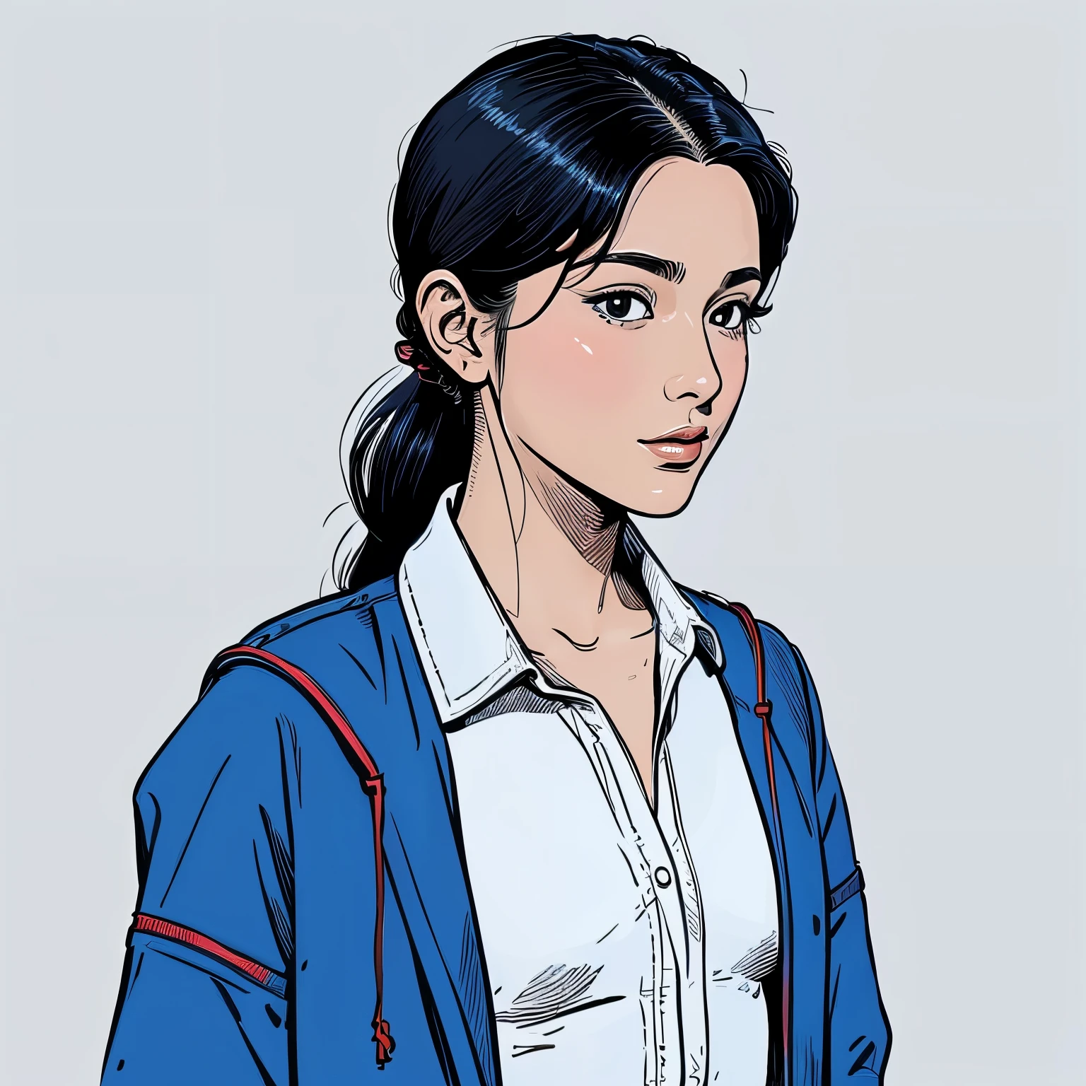 a drawing of a beautiful woman, a character portrait by Farel Dalrymple, featured on tumblr, figurativism, criterion collection, concept art, very simple line art, full body, fashionable, jacket