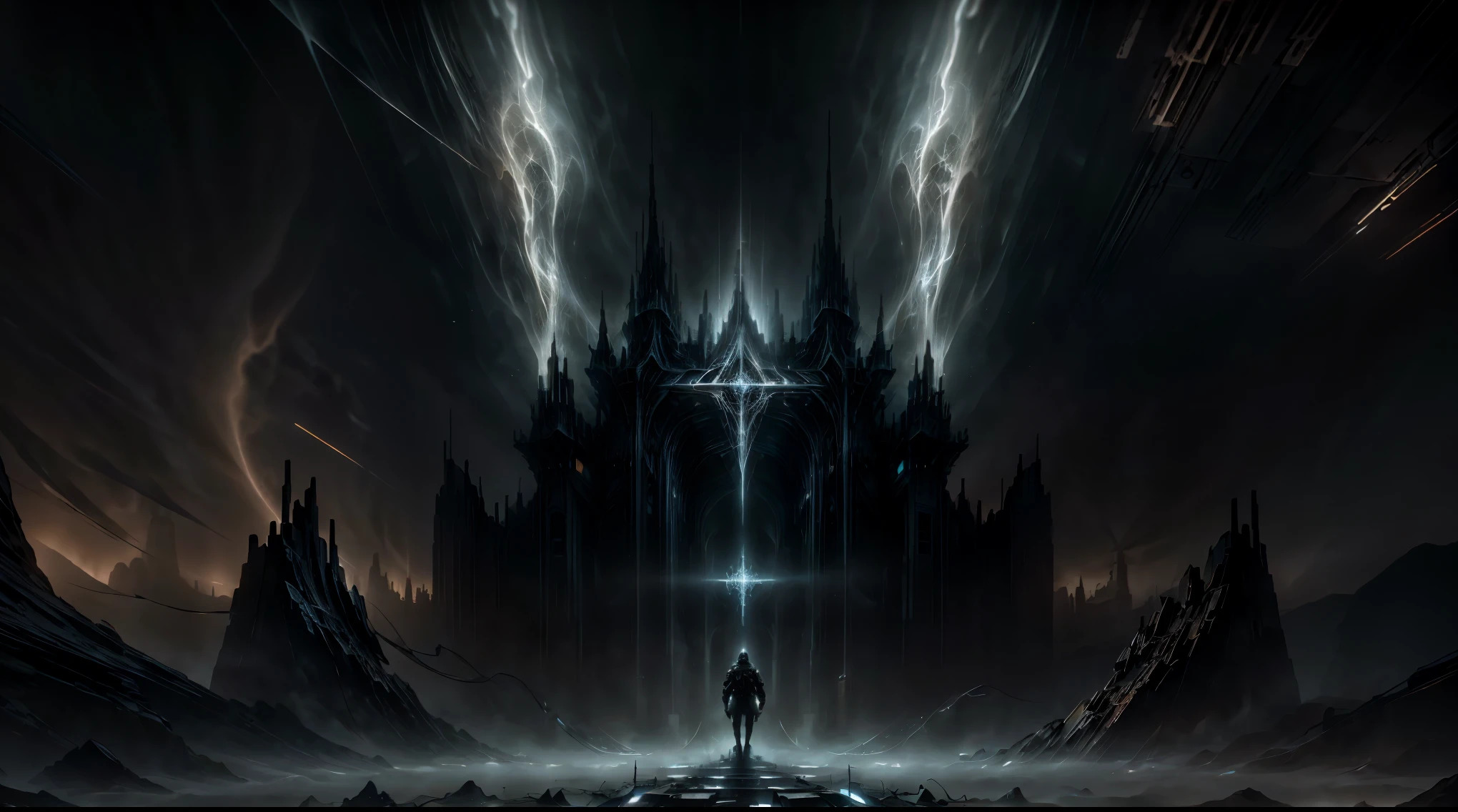 an image with a point of white light emanating voice waves in a cross against a dark empty background, abstract, fractal, (masterpiece, top quality, best quality, dark, desolate, dystopian:1.2),